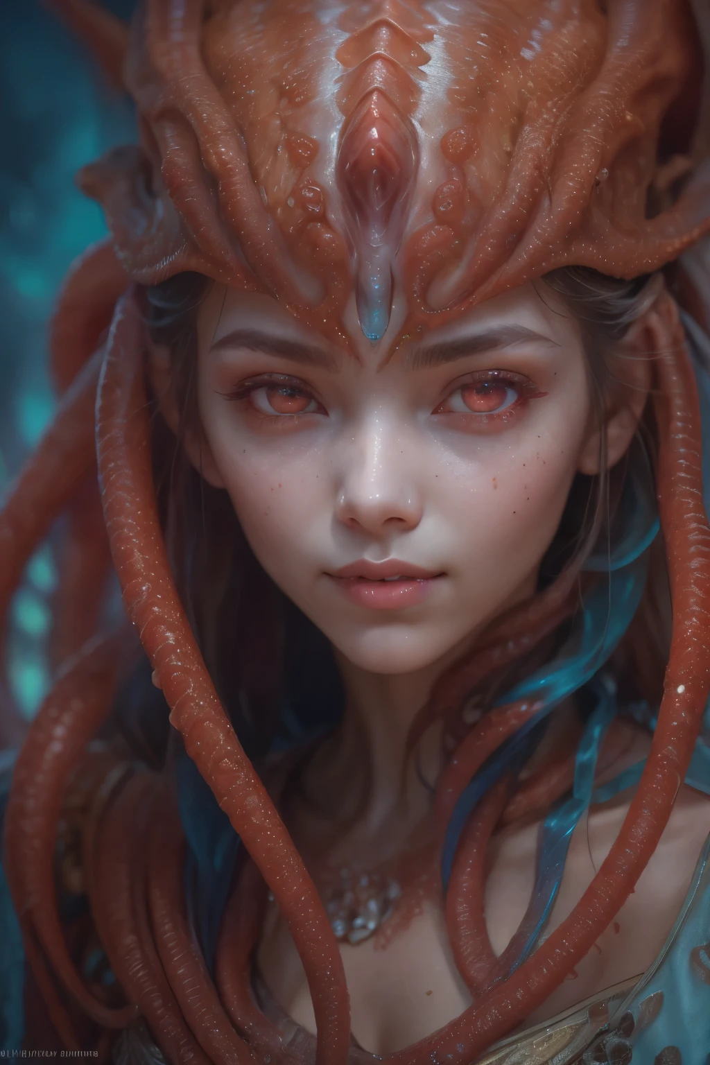 Portrait, (beautiful female alien:1.2), (she has red eyes with no pupils:1.8), (Translucent skin:1.7), (There is a female genital-like organ in the middle of the forehead:1.9), (The most beautiful face in the history of the universe:1.2),an evil gaze that seduces, (large mouth:1.1), (sharp teeth like a vampire:1.2), Full body like, (bio luminescent:1.5), (Smile wickedly:1.3), (sexypose:1.5), alien, No humans, cells are fused, (Lots of translucent tentacles:1.3) extraterrestrial, cell, bio image, Best Quality, 8K,4K_quality, High Definition, Dramatic Lighting, masutepiece:1.5,cinematic quality, detail up, (Intricate details:1.2), High resolution, High Definition, drawing faithfully, (Thick eyebrows:1.2), Beautiful eyes with fine symmetry,(Highly detailed face and eyes:1.2), Intimate face, (Super detailed skin quality feeling:1.4), Perfect Anatomy, (Beautiful toned body:1.5), (Moist skin:1.2), No makeup, (dark circles:1.1), long canines, cinematic drawing of characters, ultra high quality model, cinematic quality, detail up, (Intricate details:1.2), High resolution, High Definition, drawing faithfully, Official art, Unity 8K wall , 8K Portrait, Best Quality, Very High resolution, ultra detailed artistic photography, midnight aura, unreal enginee 5, Ultra Sharp Focus, art by alberto seveso, ArtGerm, Roisch, intricate artwork, best quality, masutepiece, ultra High resolution, (photos realistic:1.4), Ultra-realistic realism, dream-like, nautilus, Creation of fantasy, Snail, Dream Snail, biopunk nautilus, Thrilling color schemes, Ultra-realistic realism, seductively smiling, Blue tentacles,