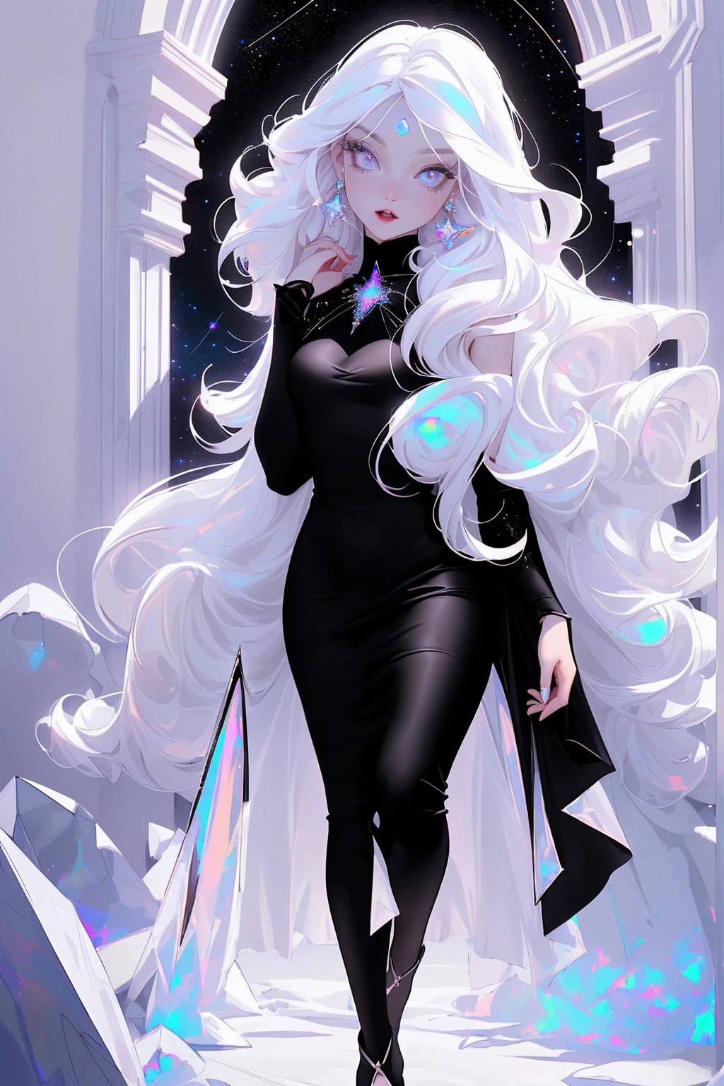 {-erro_de_anatomia:1.0} masterpiece, highest quality, (perfect face:1.1, (high detail)1.1, sweet Alien vampire , long soft white hair, opal eyes, perfectly drawn face, black dress, stars detailed background, prismatic lighting, glitter, whole body, walking feet under the stars
