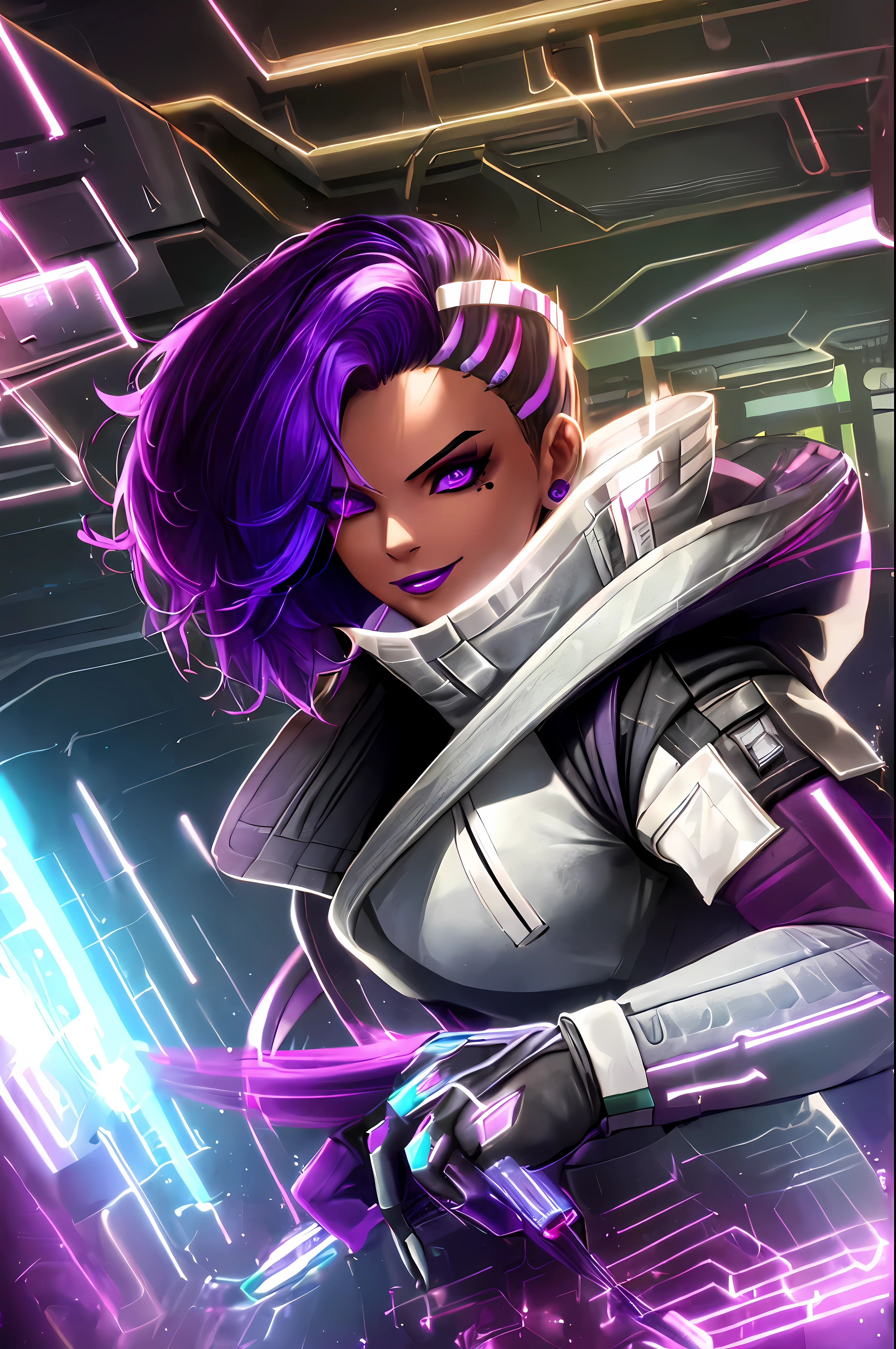 1girl, dark-skinned female, bodysuit, coat, trench coat, turtleneck, high collar, legwear,  gloves, short sleeves, asymmetrical hair, purple eyes, purple hair, purple lips, mascara, mole under eye, seductive pose, eyeliner, eyeshadow, wide smile expression, hologram, holographic interface, perfect arms, nail polish, cyberpunk, hacker room, very detailed background, masterpiece, best quality, HDR, high quality, high-definition, CG