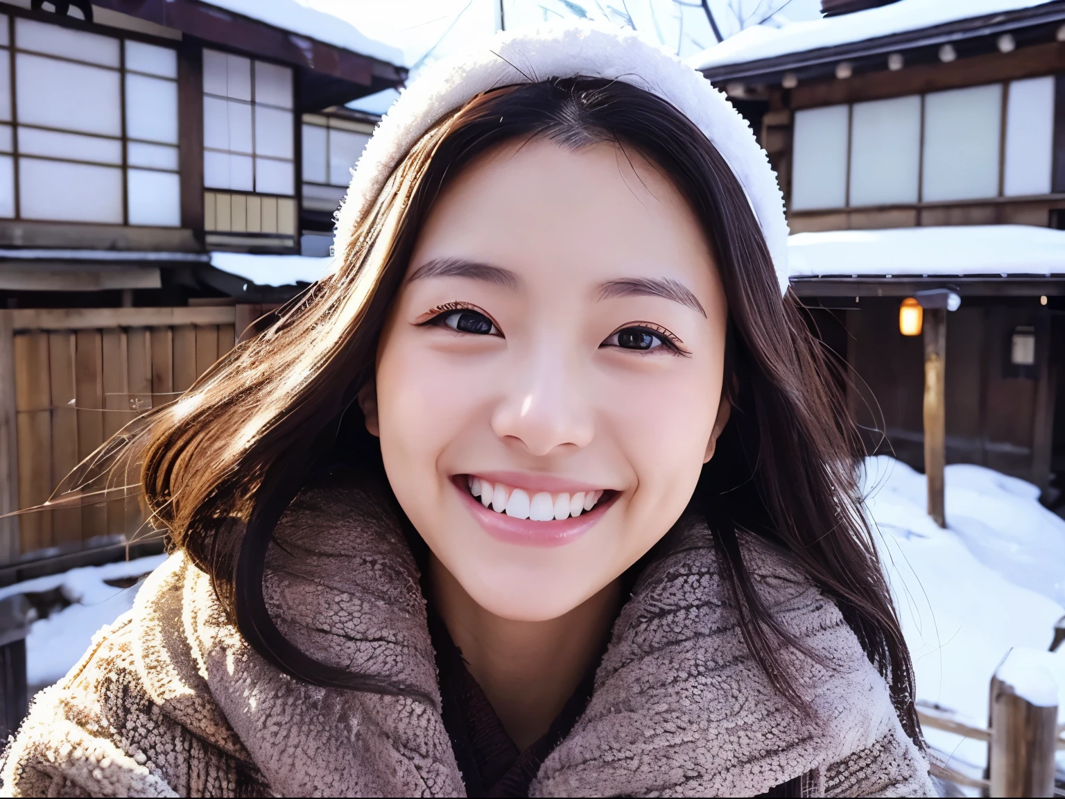 Self Whitening Salon、Instagram Posts、beautiful japanese female、Impressive white teeth、lovely smile、unclear、发光、Onsen town in winter