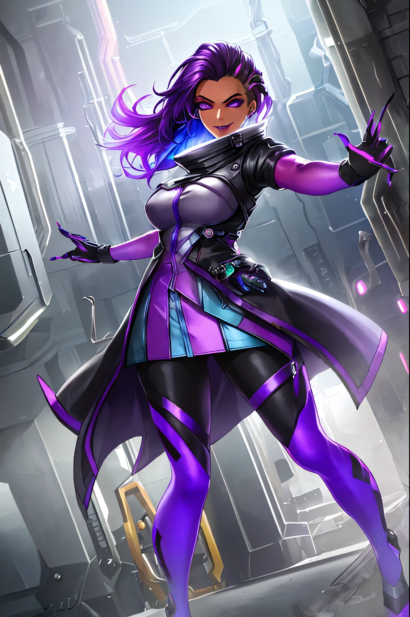 1girl, dark-skinned female, bodysuit, coat, trench coat, turtleneck, high collar, legwear,  gloves, short sleeves, asymmetrical hair, purple eyes, purple hair, purple lips, mascara, mole under eye, seductive pose, eyeliner, eyeshadow, wide smile expression, hologram, holographic interface, perfect arms, nail polish, cyberpunk, hacker room, very detailed background, masterpiece, best quality, HDR, high quality, high-definition, CG