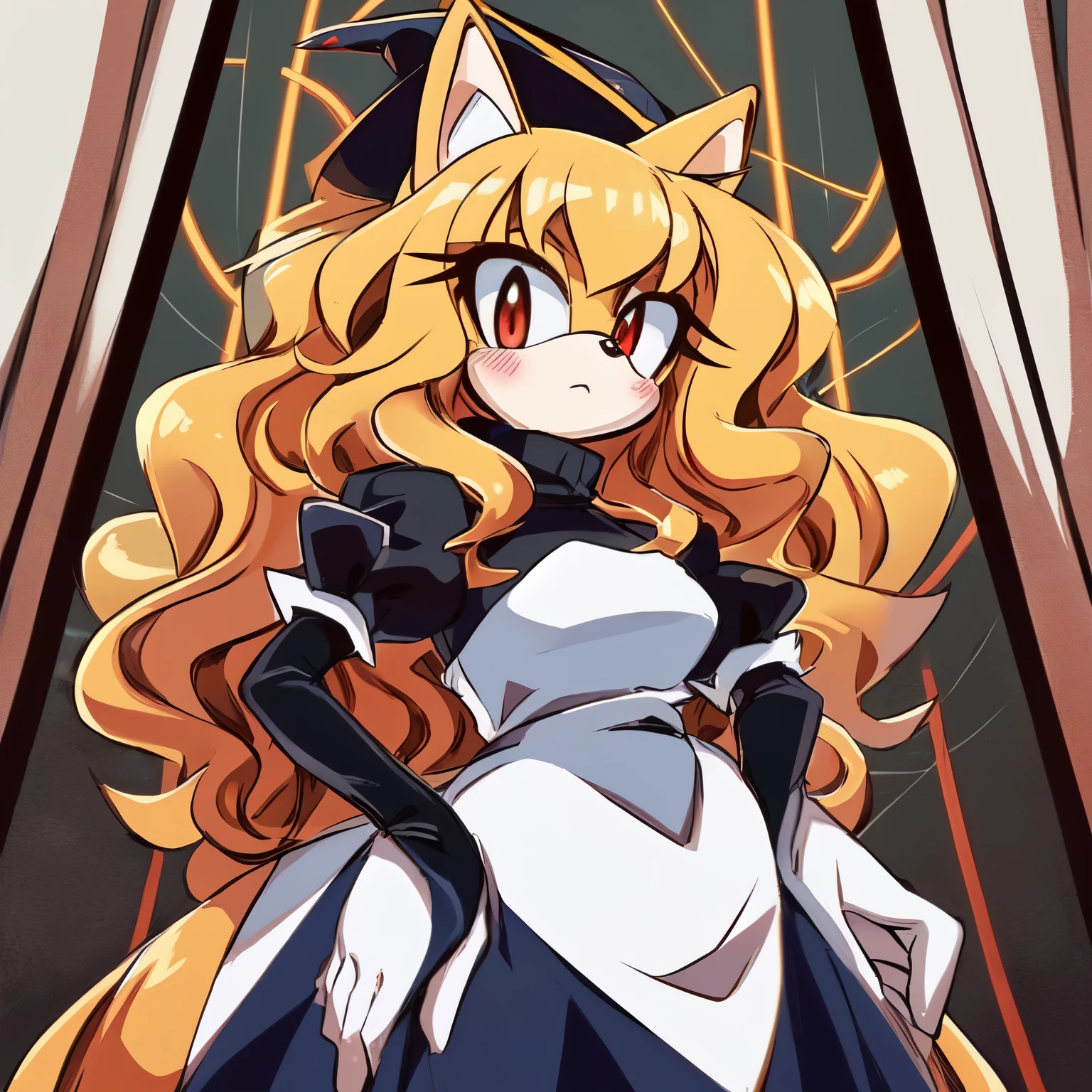 ((2D Anime Style)), female, mobian, hedgehog, witch like princess dress, v arms, white gloves, blonde fur, long hair, 1girl, solo, red eyes, elbow gloves, gloves, blush, puffy short sleeves, turtleneck dress, puffy sleeves, blonde hair, large breasts, one hand on hip, (((2D Anime Style))), (solo), (1girl), high quality digital art, red and black neon lines sketch art, (((long and wavy hair))), (large and long hair bangs), wispy lines