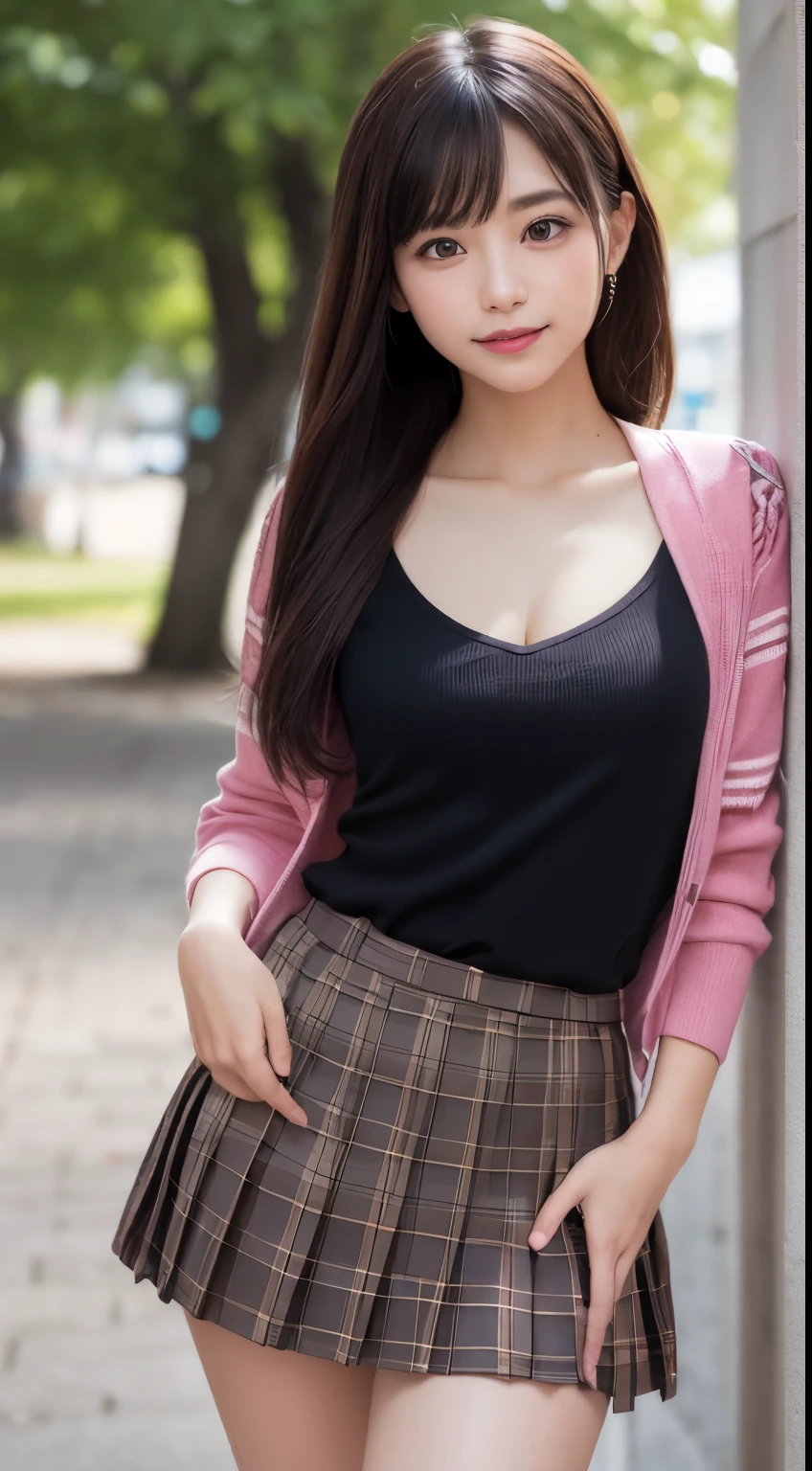 Smile、natta、Raw photography、(((Ultimate Beauty Portrait)))、((glistning skin))、女の子1人、15 year old beautiful girl in Prague、bright expression、((brown haired))、(cleavage of the breast)、(plaid pleated skirt:1.5)、((Big eyes that shine like jewels))、open cardigan、Open your clothes、panthyhose、Glossy glossy skin、(Medium Hair)、(Silky Ponytail Hair)、(is standing)、(frombelow)、Under the skirt、Under the skirt、(Close-up of underwear from below)、eye liner、Beautiful bangs、Hair between the eyes、((​masterpiece、top-quality、ultra-detailliert、Film Light、intricate-detail、hight resolution、ighly detailed))、细致背景、8KUHD、Digital SLR、Soft light、hightquality、Film grain、FujifilmXT3 、Shallow depth of field、natural soft light、Kamimei、Lush bust