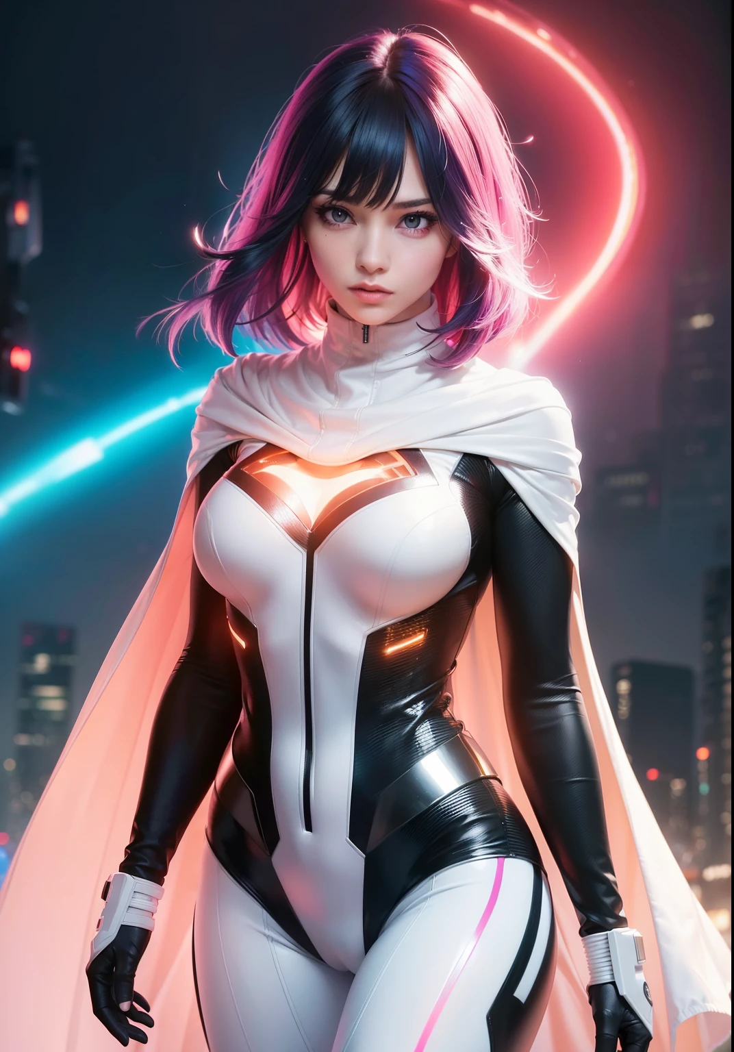 Bust to waist ((perfect face)) perfect skin, hyperrealistic masterpiece, Superheroine woman ((fringe glowing colorful)) in extremely complex & superdetailed tight plugsuit ((with white cape)), sharp focus, cinematic illumination: 8k, (((neos-cyberpunkcore aesthetic style::1)))