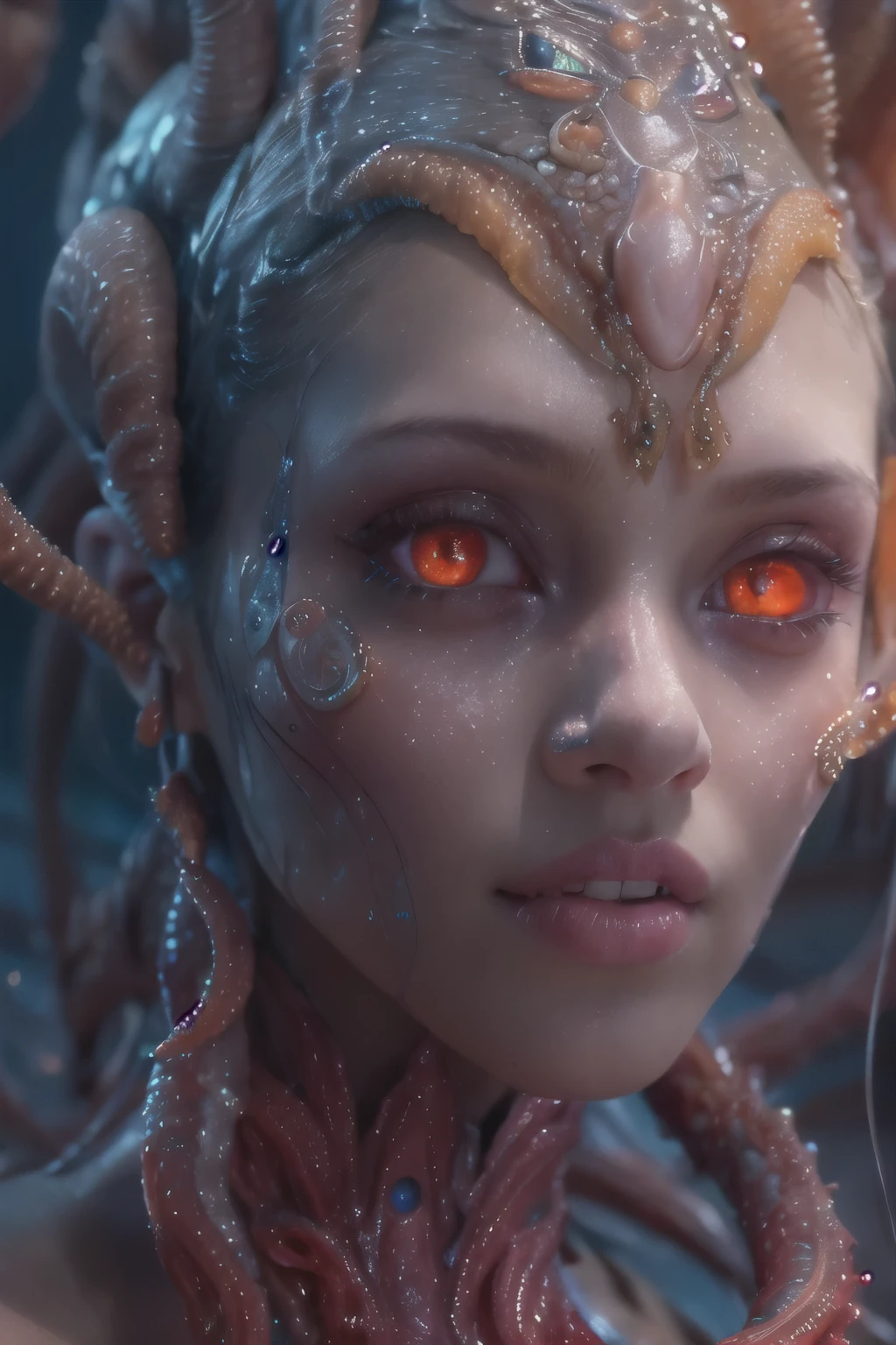 Portrait, (beautiful female alien:1.2), (she has red eyes with no pupils:1.8), (Translucent skin:1.7), (There is a female genital-like organ in the middle of the forehead:1.9), (The most beautiful face in the history of the universe:1.2),an evil gaze that seduces, (large mouth:1.1), (sharp teeth like a vampire:1.2), Full body like, (bio luminescent:1.5), (Smile wickedly:1.3), (sexypose:1.5), alien, No humans, cells are fused, (Lots of translucent tentacles:1.3) extraterrestrial, cell, bio image, Best Quality, 8K,4K_quality, High Definition, Dramatic Lighting, masutepiece:1.5,cinematic quality, detail up, (Intricate details:1.2), High resolution, High Definition, drawing faithfully, (Thick eyebrows:1.2), Beautiful eyes with fine symmetry,(Highly detailed face and eyes:1.2), Intimate face, (Super detailed skin quality feeling:1.4), Perfect ???????, (Beautiful toned body:1.5), (Moist skin:1.2), No makeup, (dark circles:1.1), long canines, cinematic drawing of characters, ultra high quality model, cinematic quality, detail up, (Intricate details:1.2), High resolution, High Definition, drawing faithfully, Official art, Unity 8K wall , 8K Portrait, Best Quality, Very High resolution, ultra detailed artistic photography, midnight aura, unreal enginee 5, Ultra Sharp Focus, art by alberto seveso, ArtGerm, Roisch, intricate artwork, best quality, masutepiece, ultra High resolution, (photos realistic:1.4), Ultra-realistic realism, dream-like, nautilus, Creation of fantasy, Snail, Dream Snail, biopunk nautilus, Thrilling color schemes, Ultra-realistic realism, seductively smiling, Blue tentacles,