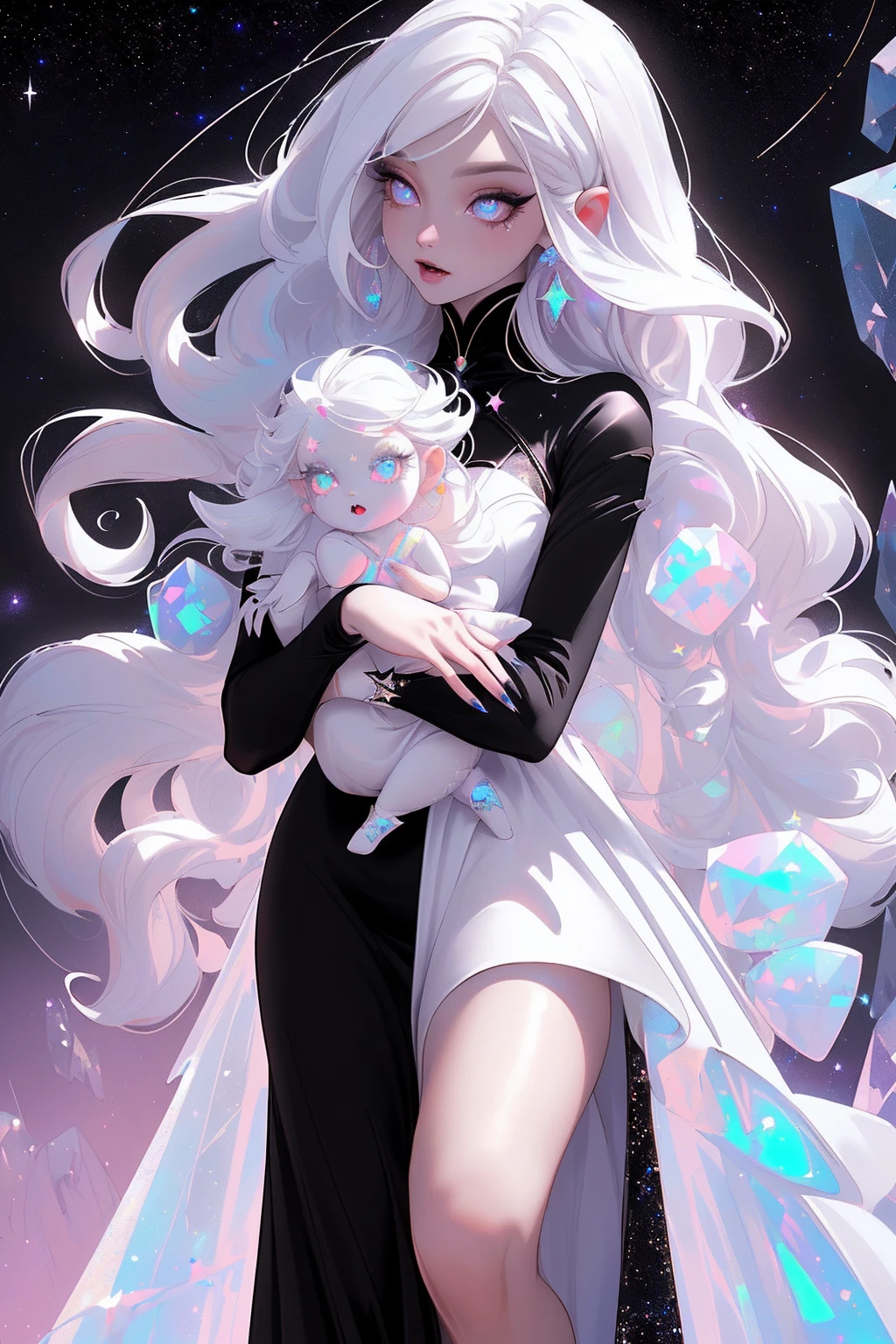 {-erro_de_anatomia:1.0} masterpiece, highest quality, (perfect face:1.1, (high detail)1.1, sweet Alien vampire , long soft white hair, opal eyes, perfectly drawn face, black dress, stars detailed background, prismatic lighting, glitter, whole body, walking feet under the stars