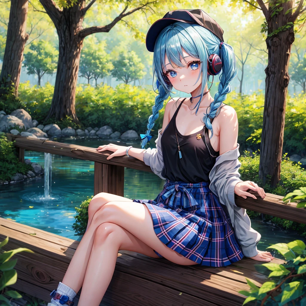 Blue hair、blue eyess、Braids、poneyTail、one good looking girl、独奏、animesque、Plaid miniskirt、Black T-shirt、camisole、the woods、Wearing a plaid baseball cap、bare-legged、Tilting your face、log bridge、Doing the ribbon、have a twig、falls、Blue Topaz、Sunset sky、Wearing headphones、spirals、s asleep