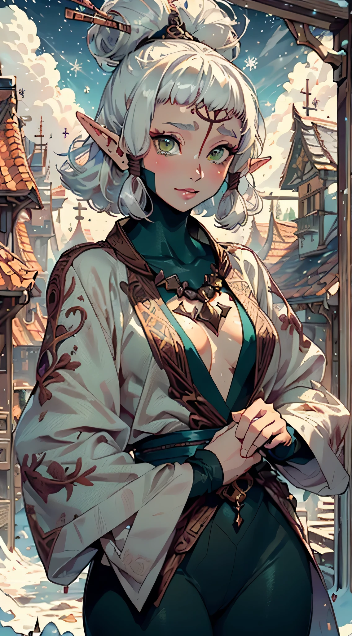 paya, cute loli elf,(((little loli,tiny little body,little))),(((6 ))),((anime elf loli with extremely cute and beautiful brown hair)), (((elf))), (((elf ears))),(lesbian,gay),(tomboy:1.3), (((flat chest))),((((white hair:1.35,short white hair,boy haircut,tny short haircut,colored inner hair,ear breathing)))),(((green_eyes:1.3))),intricate eyes,beautiful detailed eyes,symmetrical eyes,big eyes:1.5,(((lustrous skin:1.5,bright skin: 1.5,skin tanned,shiny skin,very shiny skin,shiny body,plastic glitter skin,exaggerated shiny skin,illuminated skin))),(detailed body,(detailed face)), cute,slutty,erotic,daring,((nsfw)), (((medieval man clothes,adventurer man clothing,winter coat,unbuttoned shirt))),(((intricate outfit,intricate clothes,embroidered outfit,ornate outfit,embroidered clothes,ornate clothes))), (dynamic pose:1.0),happy,smile,(centered,scale to fit dimensions,Rule of thirds), ((snowy pine forest at night)), with dark stormy clouds,winter,scenery:1.25,((snow forest background)),Christmas tree, highres,sharp focus,(ultra detailed,extremely detailed),(photorealistic artwork:1.37),(extremely detailed CG unity 8k wallpaper),(((vibrant colors,vibrant theme))),(intricate),(masterpiece),(best quality),