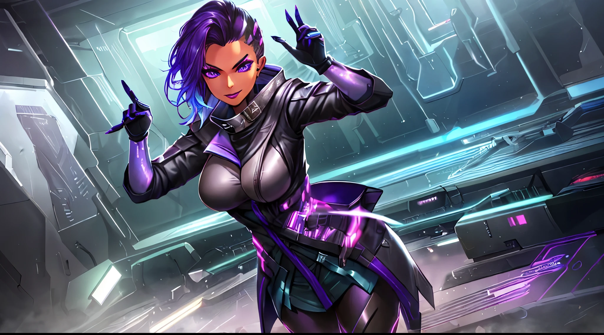 1girl, dark-skinned female, bodysuit, coat, trench coat, turtleneck, high collar, legwear,  gloves, short sleeves, asymmetrical hair, purple eyes, purple hair, purple lips, mascara, mole under eye, seductive pose, eyeliner, eyeshadow, wide smile expression, hologram, holographic interface, perfect arms, nail polish, cyberpunk, hacker room, very detailed background, masterpiece, best quality, HDR, high quality, high-definition, CG