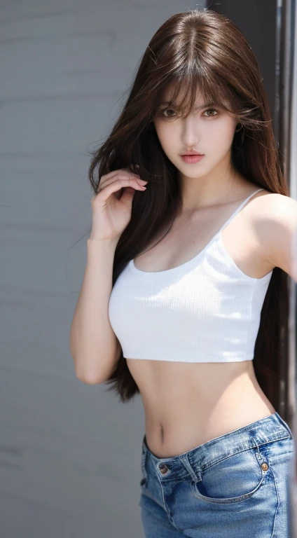 ((Realistic lighting, Best quality, 8K, Masterpiece: 1.3)), Clear focus: 1.2, 1girl, Perfect Figure: 1.4, Slim Abs: 1.1, ((Dark brown hair)), (White crop top: 1.4), (jeans:1.3),(Outdoor, Night: 1.1), City streets, Super fine face, Fine eyes, Double eyelids, ( long hair bangs:1.4)