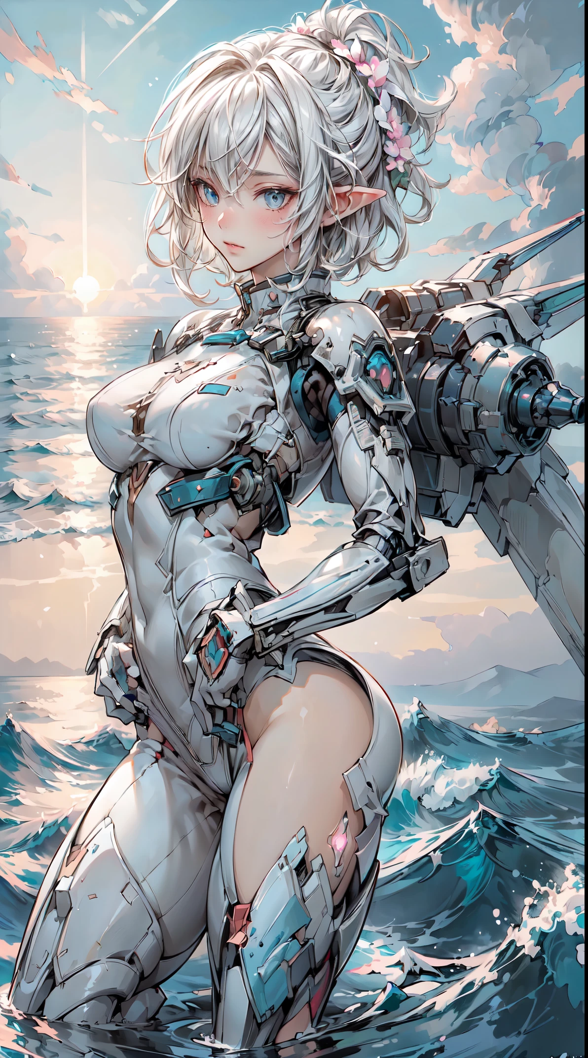 [(white backgrounid:1.5)=5], (Bottle bottom:0.9), 1 Elf Girl, 中景 the scene is, full bodyesbian, (Mecha wing, Mecha legs, Mecha hands),((Short gray hair)), asymmetricalbangs, The face and eyes are extremely detailed, perfect lips, butterflys, floating petal, stone fragment, Beautiful and delicate water, ​​clouds, suns, eventide, sunsset, beautiful detailed ​​clouds, the ocean, swell sea, water splash, Drama Lighting, Fine expression, finedetail, Fantasyart, illustratio, tmasterpiece, number art, painting of a, Yusuke Murata&#39;s style.