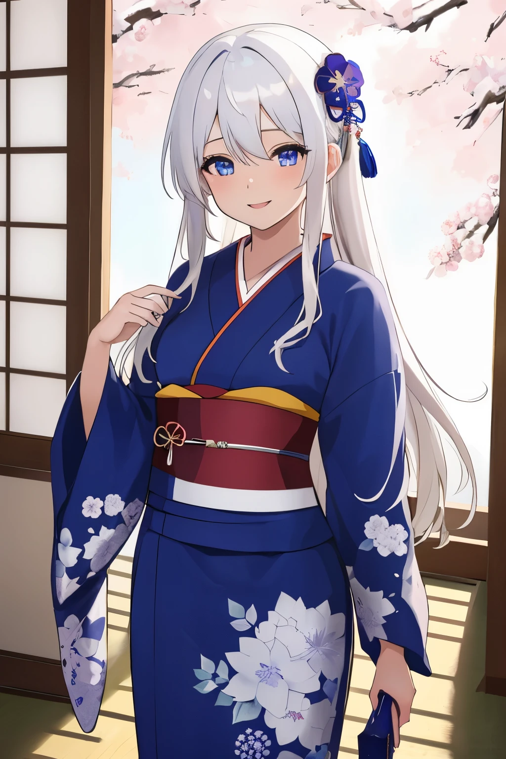 Chica anime, ((Masterpiece), top-quality, Top image quality, ((((solo)))), ((((white hair)))), long hair, Beautiful blue eyes, Shining eyes, dye one's cheeks red, smile, s girl, 18yo, cute, {{{{floral printed kimono}}}}, wearing fusion kimono and yukata, surrounded by items representing the Japanese New Year, snow, 8k