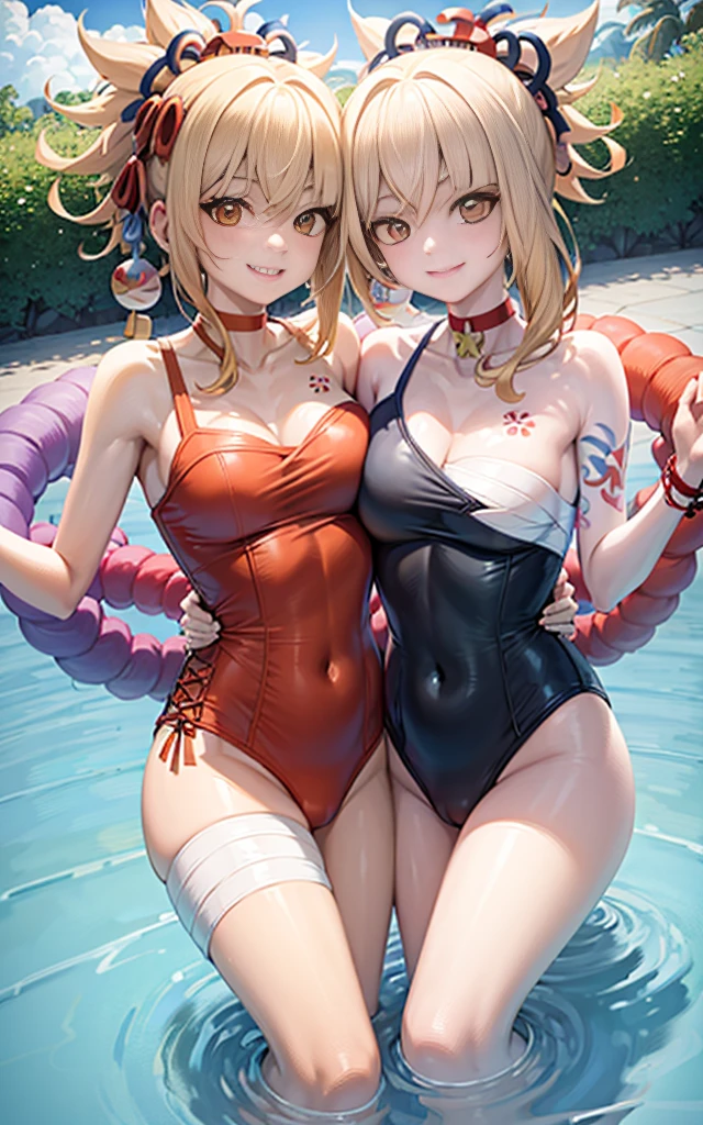 Two girls smiling in the water in the bathtub,No teeth exposed. Female twins, vibrant with colors,natural lightting, Best quality at best, Chest to chest, hugging eachother, sunny masterpiece, Navel Exposed, face flushed, Orange swimsuit hugging each other' , full, 饱full big breast