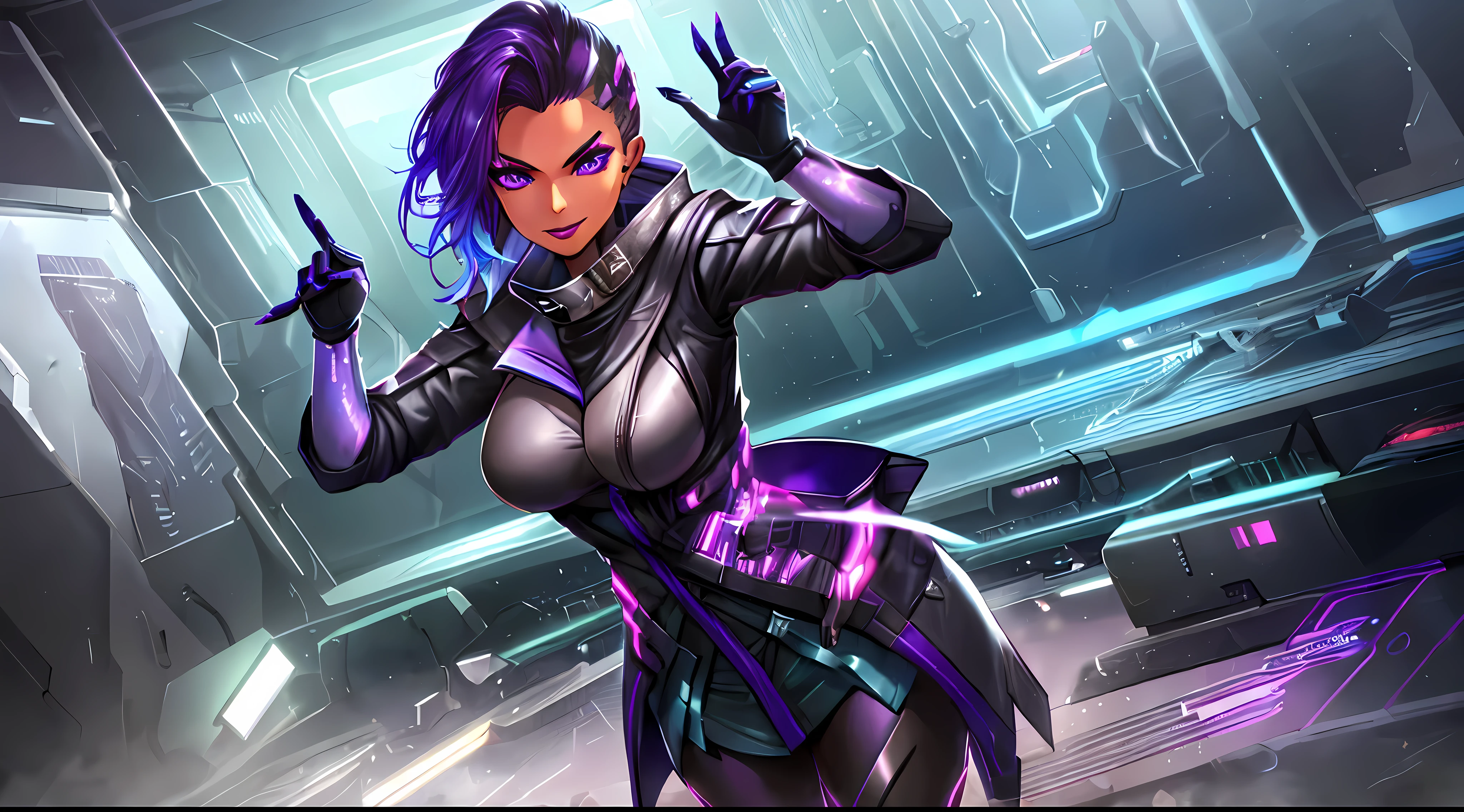 1girl, dark-skinned female, bodysuit, coat, trench coat, turtleneck, high collar, legwear,  gloves, short sleeves, asymmetrical hair, purple eyes, purple hair, purple lips, mascara, mole under eye, seductive pose, eyeliner, eyeshadow, wide smile expression, hologram, holographic interface, perfect arms, nail polish, cyberpunk, hacker room, very detailed background, masterpiece, best quality, HDR, high quality, high-definition, CG