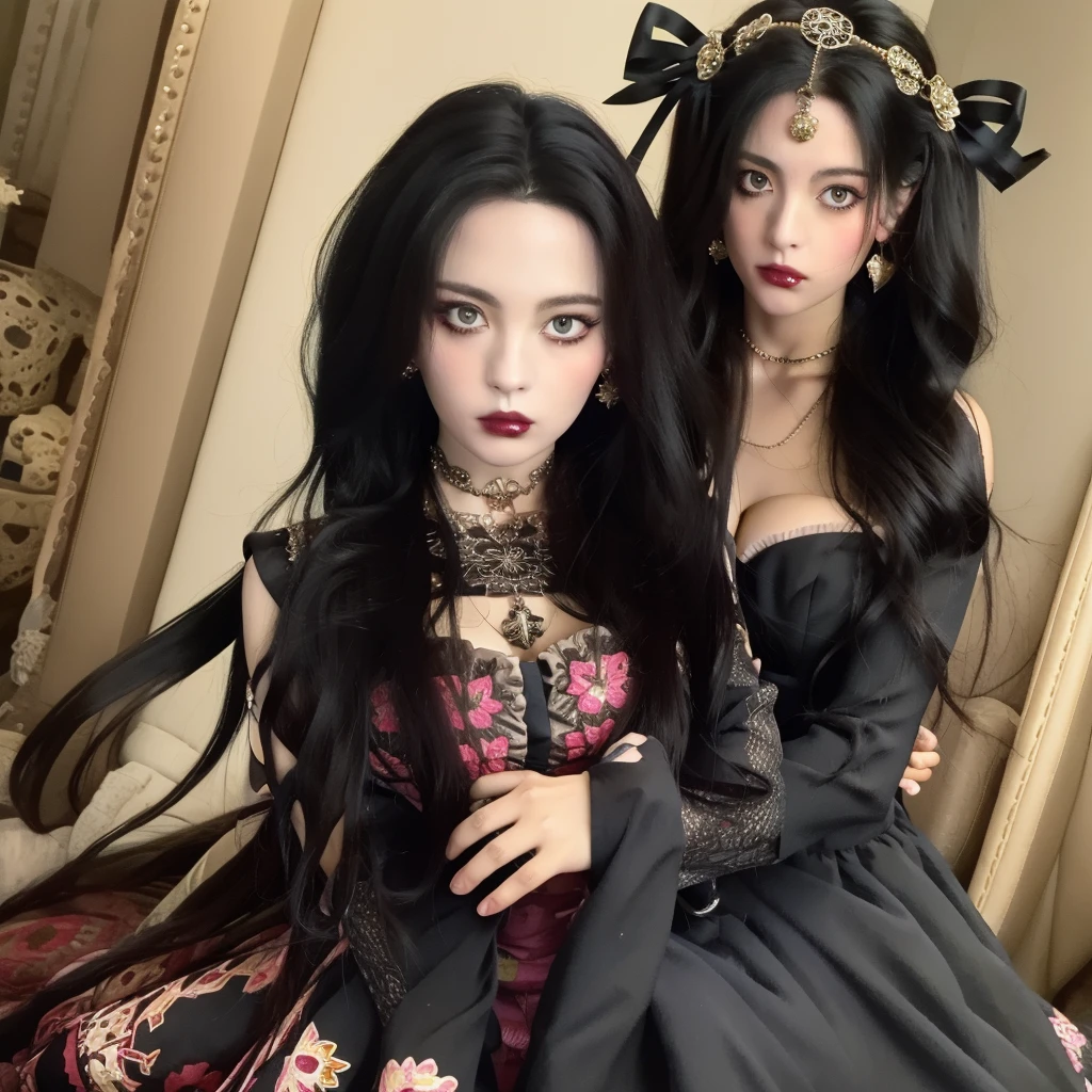 ball jointed doll, ellowyne wilde, gothic girl, elaborate dress, jewelry, long hair,