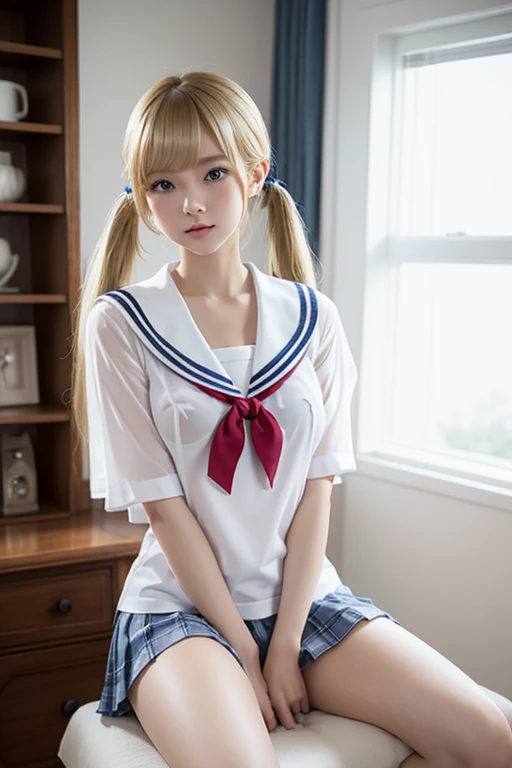 Her legs are spread wide and her too-small white cotton panties are visible.、Her white panties made of lace material are visible.、A beautiful young girl with blonde twin tails wearing a sailor suit is leaning on a fluffy white sofa, lifting her white blouse to reveal a white bra, and opening her legs and lifting her skirt to reveal white lace panties., a blond, Photos of very beautiful Nordic-born girls,　12years, Blonde hair ,Seductive open legs pose, 4k, top-quality, hight resolution:1.1), Drawing so that the crotch cloth of the white underwear is visible, tiny panties, white panties made of lace material 、Blue plaid skirt, Red plaid skirt, high school student uniform、 a sailor suit, Cleavage visible from the blouse, The clothes are fluffy, bed room, class room, dining room, tiny chest、 Under hair is transparent、 Nipples are see-through, Wet panties , Angle from your feet, The bra is sheer、 Clothes are see- through、 White panties with ribbon NSFW