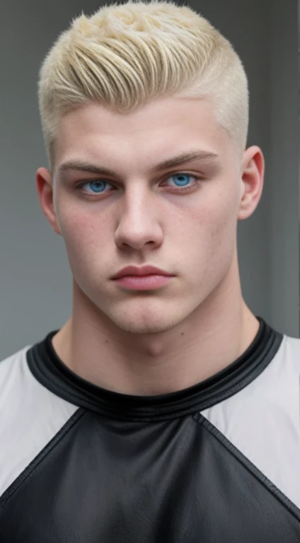 White young man , biker, 18 years old, low taper fade haircut, blonde hair, blue eyes fixed, intense gaze, affiliated features, no facial hair, height 1.93, weight 100 kg, aesthetic muscular build, broad shoulders, V-shaped body, full body focus, completely hairless,