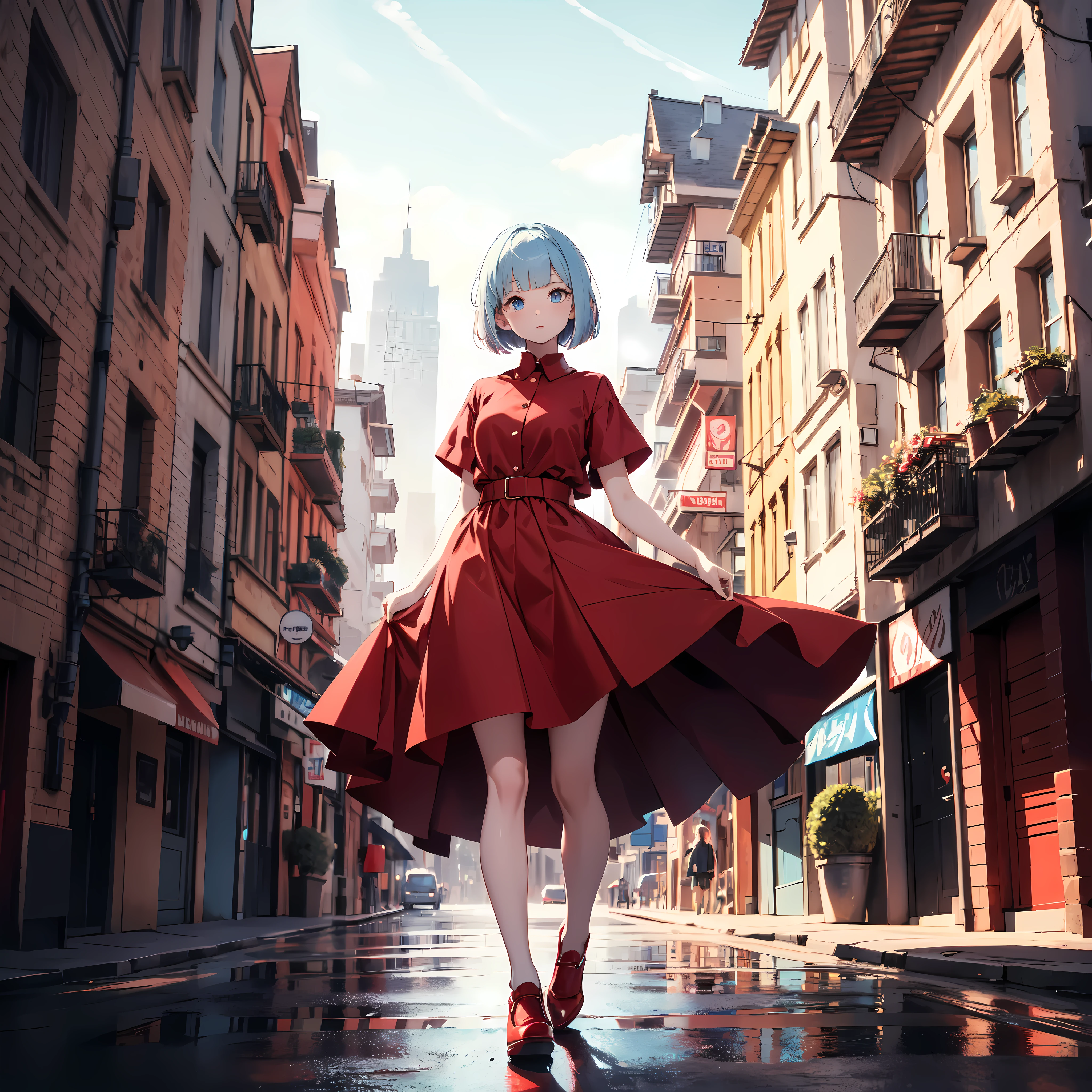 1girl, pale skin, light blue eyes, light blue hair, bob cut, wearing red all red shirt, red shoes, full body view, perspective, fisheye, wide shot, city background, (masterpiece: 1.2), high details, high quality, (high resolution: 1.4)