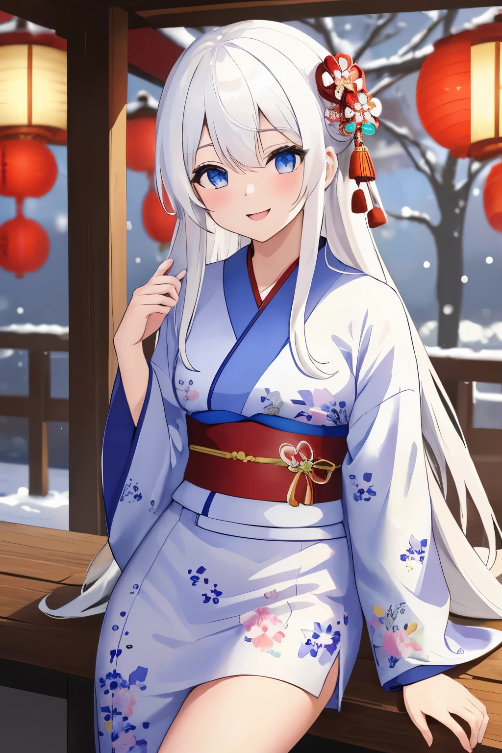 Chica anime, ((Masterpiece), top-quality, Top image quality, ((((solo)))), ((((white hair)))), long hair, Beautiful blue eyes, Shining eyes, dye one's cheeks red, smile, teens girl, 18yo, cute, {{{{floral printed kimono}}}}, wearing fusion kimono and yukata, surrounded by items representing the Japanese New Year, snow, 8k