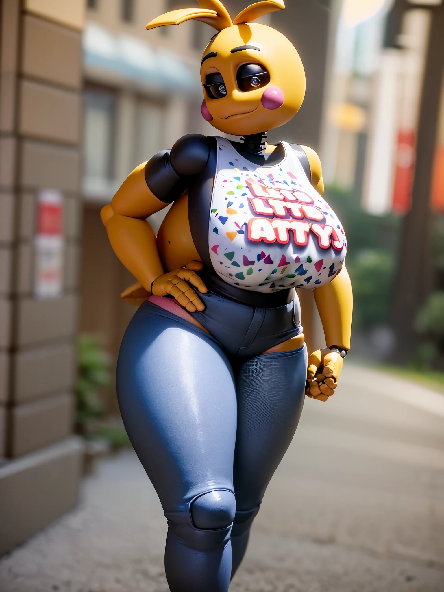 (masterpiece, best quality:1.2), detailed background, 8k hd, high detail, shot from side, ToyChica, 1girl, solo, annoyed, massive thighs, ((gigantic hips)), ((massive butt)), ((very tight jeans)), jeans, breasts, heart, colored skin, yellow skin, symbol-shaped pupils, heart-shaped pupils, black eyes, large breasts, joints, collar, standing, colored sclera, antenna hair, ((black shirt)), tight shirt, city street