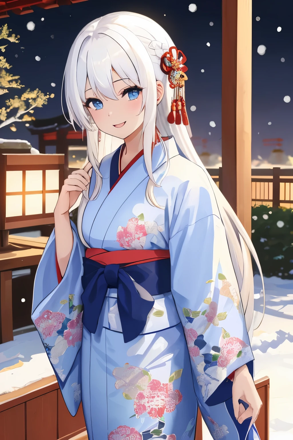 Chica anime, ((Masterpiece), top-quality, Top image quality, ((((solo)))), ((((white hair)))), long hair, Beautiful blue eyes, Shining eyes, dye one's cheeks red, smile, teens girl, 18yo, cute, {{{{floral printed kimono}}}}, wearing fusion kimono and yukata, surrounded by items representing the Japanese New Year, snow, 8k