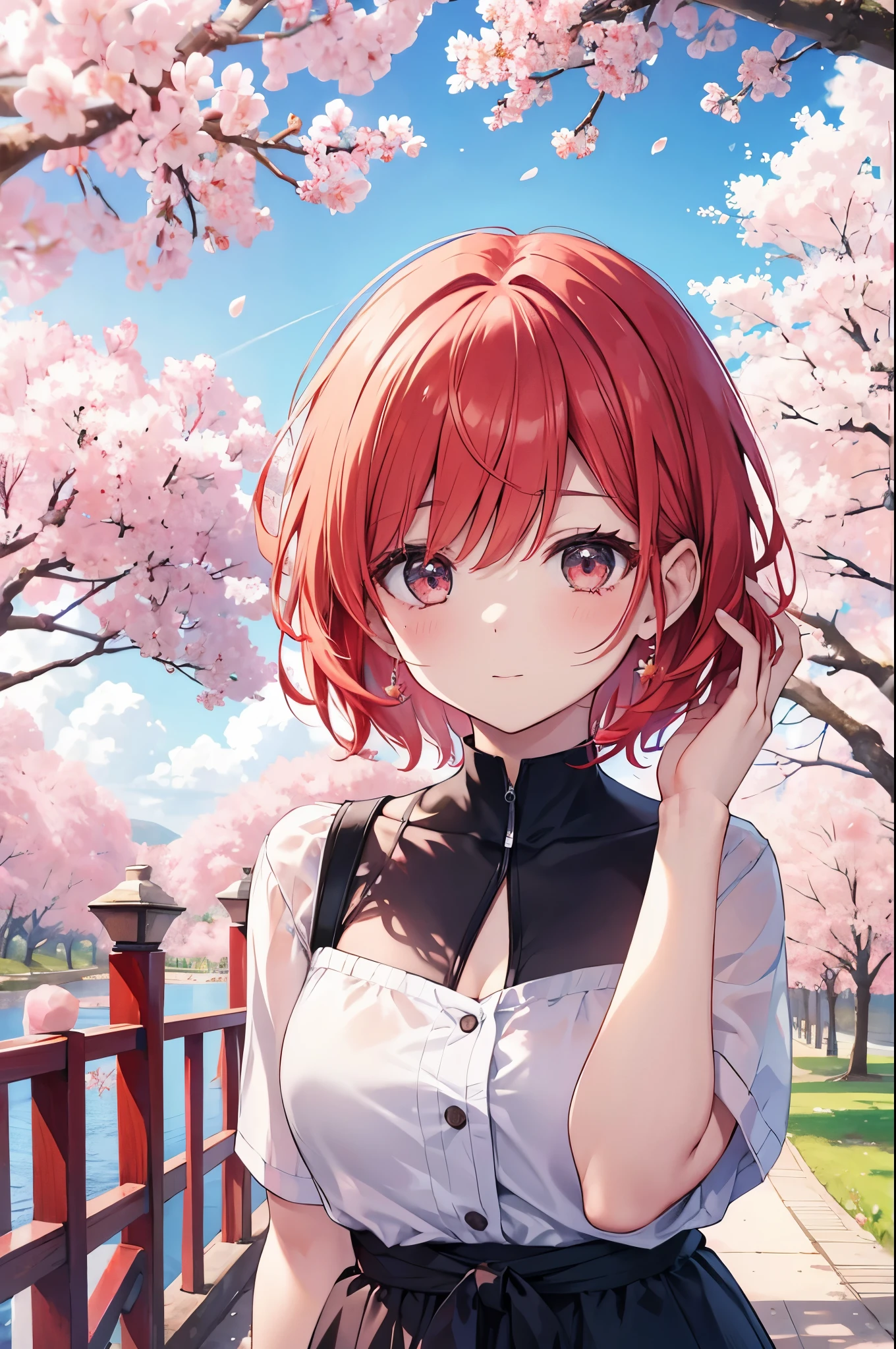 women, looking at pov, moaing face, red short hair, cherry blossom tree,