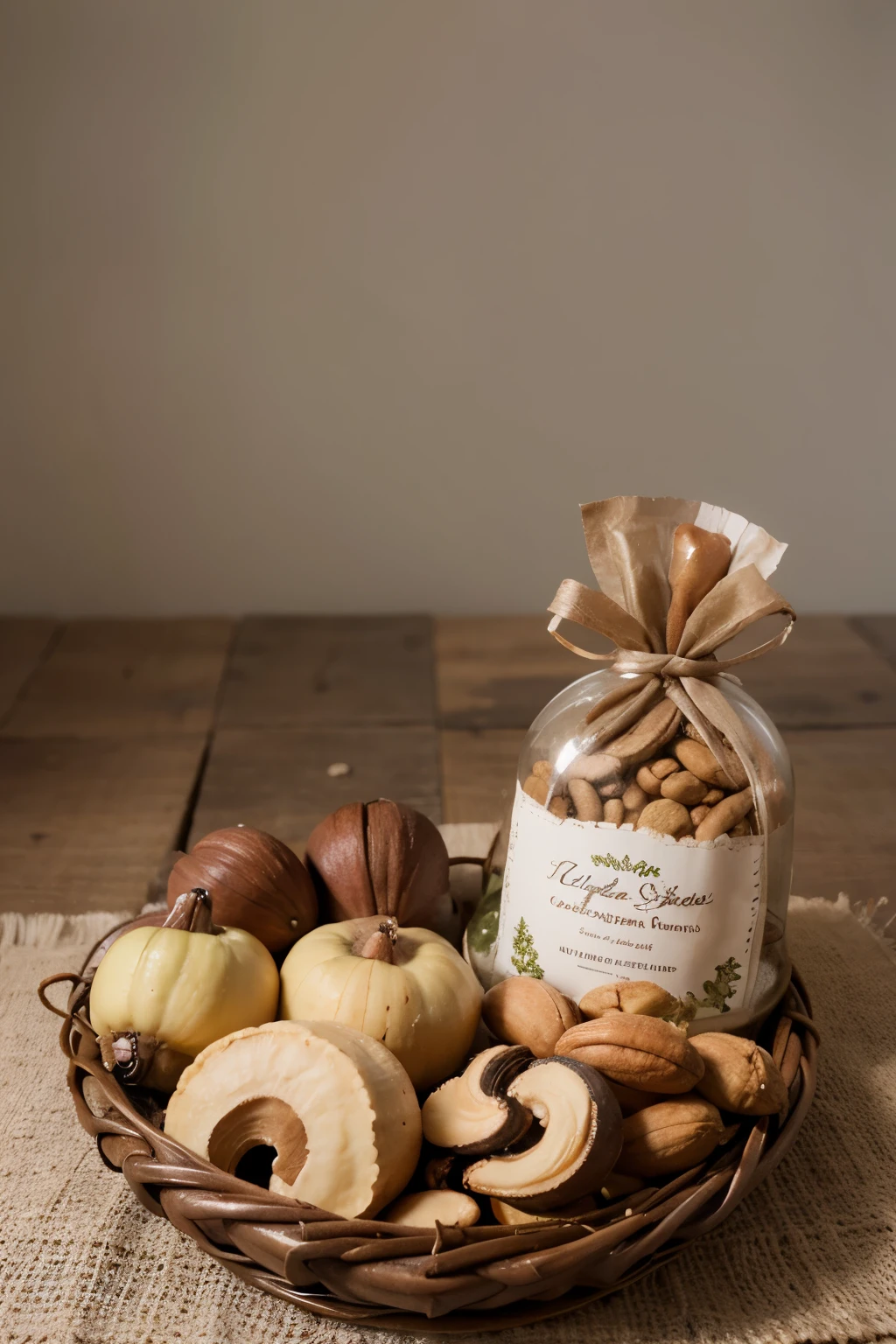 Create a picture for banner with elements terra and have cashew nuts,walnuts,brazil nuts,hazelnuts and gift basket