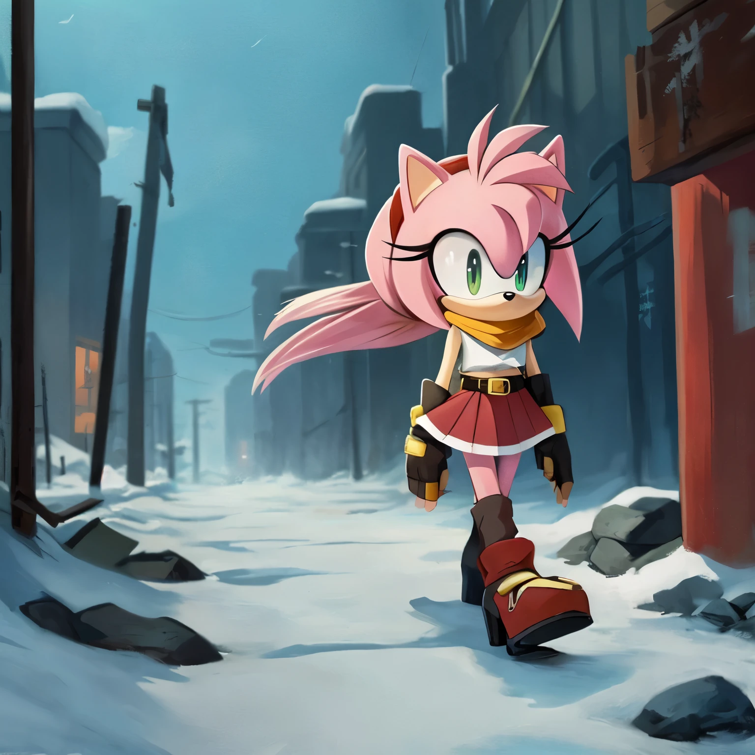 (((Solo))), (((1girl))), older Amy Rose, (long hair), (larger hair bangs), (dark pastel pink fur), dark red tube top with white stripe down the middle, dark red skirt with gold belt, dark gray leggings, (long dark grey anime like scarf), red fingerless gloves, red and black high heeled boots, black elbow length arm warmers, dark red head band, blank expression, walking in an apocalyptic wasteland