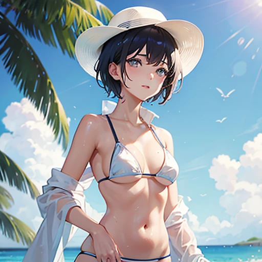 Short hair,bikini, white shirt wet,no bra, fashion hat