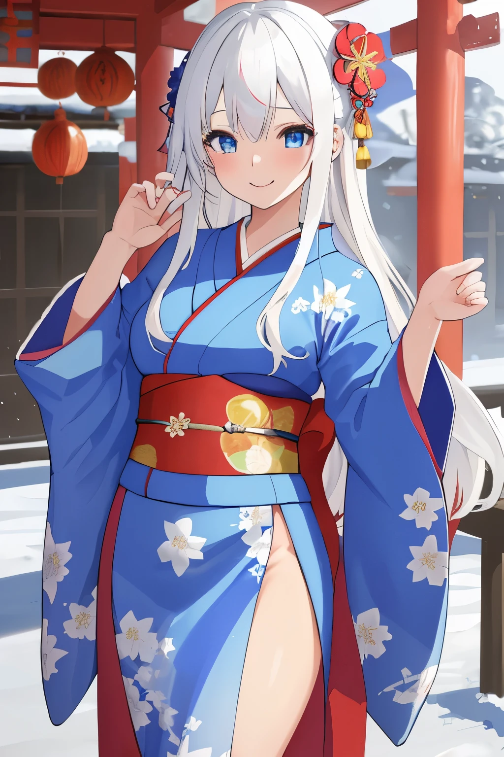 Chica anime, ((Masterpiece), top-quality, Top image quality, ((((solo)))), ((((white hair)))), long hair, Beautiful blue eyes, Shining eyes, dye one's cheeks red, smile, teens girl, 18yo, cute, {{{{floral printed kimono}}}}, wearing fusion kimono and yukata, surrounded by items representing the Japanese New Year, snow, 8k