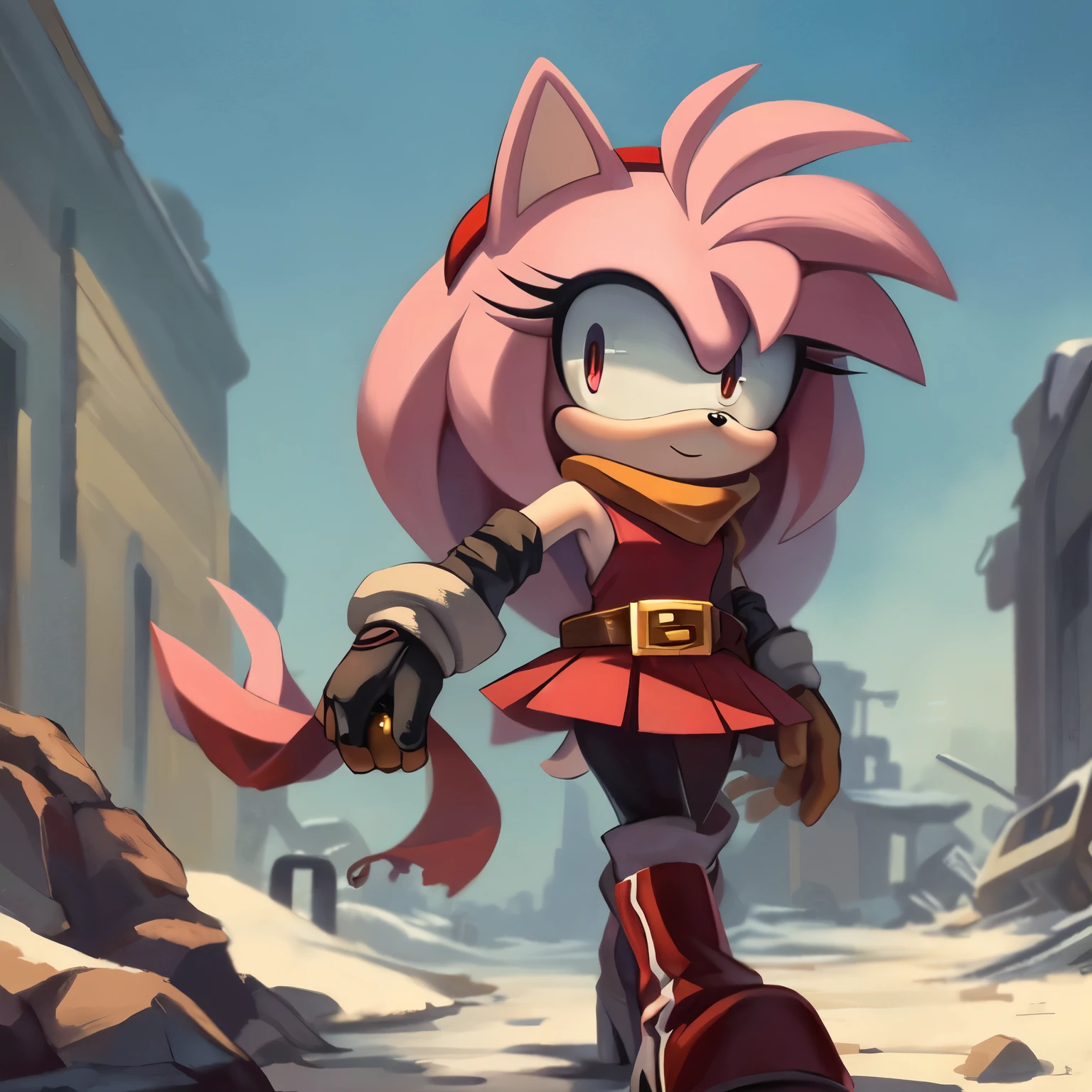 (((Solo))), (((1girl))), older Amy Rose, (long hair), (larger hair bangs), (dark pastel pink fur), dark red tube top with white stripe down the middle, dark red skirt with gold belt, dark gray leggings, (long dark grey anime like scarf), red fingerless gloves, red and black high heeled boots, black elbow length arm warmers, dark red head band, blank expression, walking in an apocalyptic wasteland