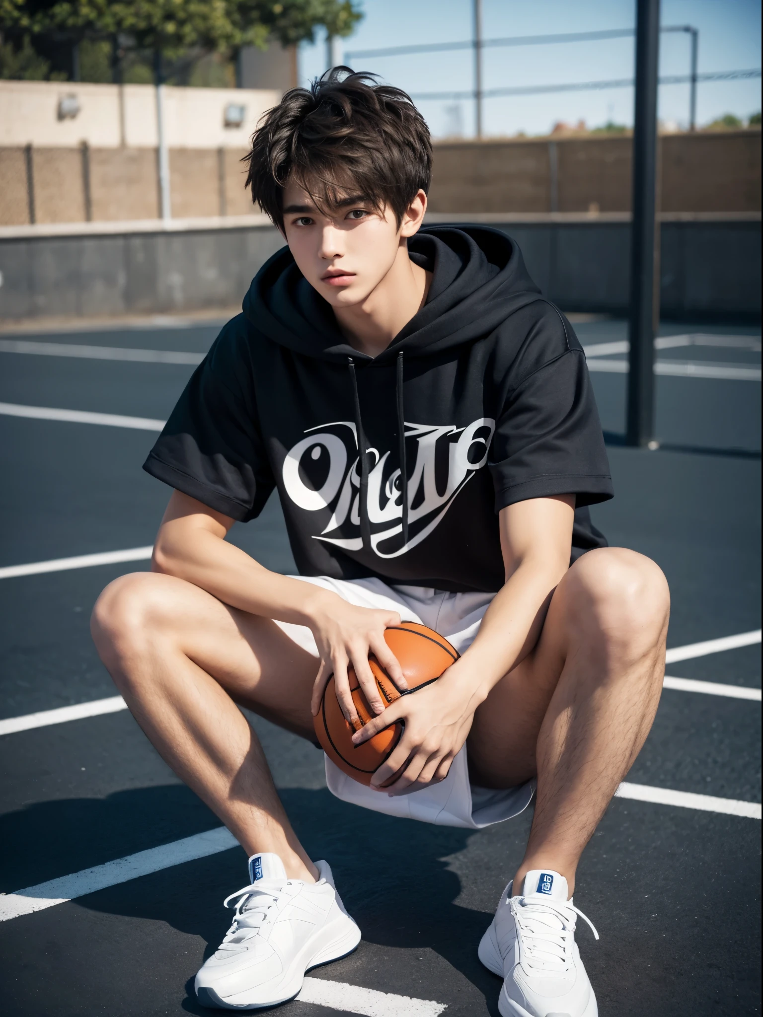 1 Korean young men,male,20 years old,High,Height 180 cm,Hair is medium length,Black sweatshirt,Black cargo pants,Black and white high top sneakers,White sport socks,Sit on the basketball court,legs open,Badass anime 4k ,POV perspective,Proud,Cold,looking into camera,