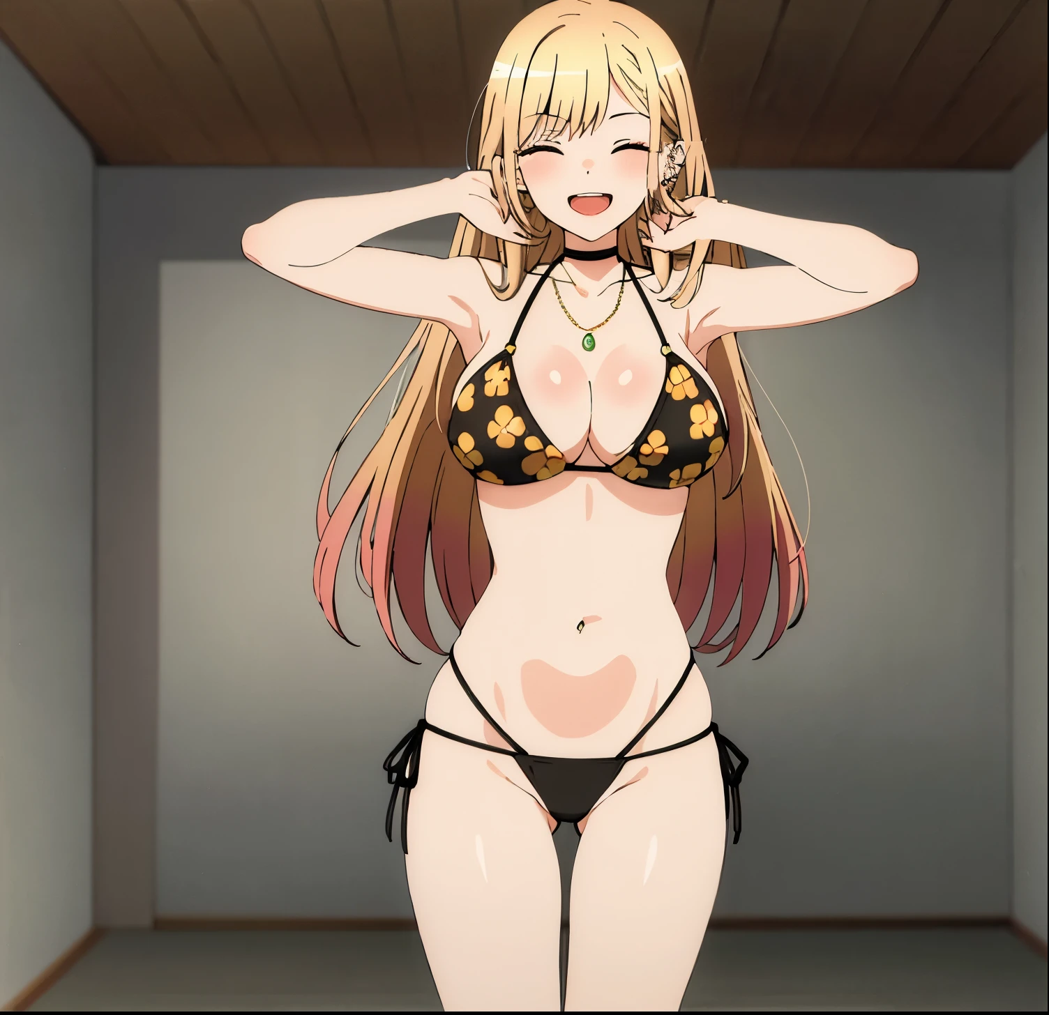 (((masterpiece))), MarinKitagawa, 1girl, alone, long hair, smile, open mouth, blonde hair, navel, cleavage, jewelry, medium breasts, swimsuit, closed eyes, bikini, cowboy shot, earrings, choker, indoors, necklace, v, black bikini, side-tie bikini bottom, black choker, piercing, floral print, ear piercing, string bikini, facing viewer, print bikini, good hands, good anatomy, good lighting, big breasts, medium waist, wide hips, medium thighs