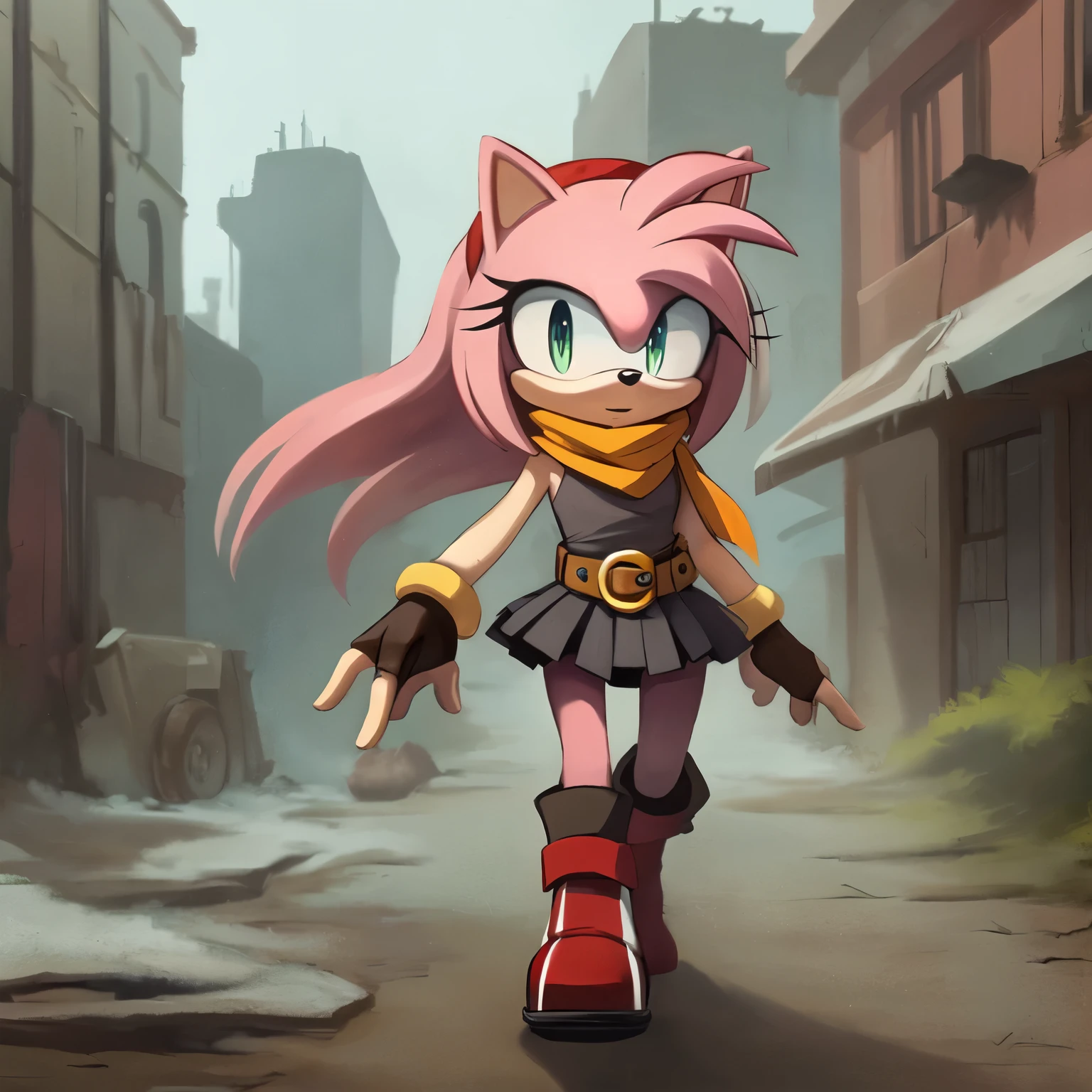 (((Solo))), (((1girl))), older Amy Rose, (long hair), (larger hair bangs), (dark pastel pink fur), dark red tube top with white stripe down the middle, dark red skirt with gold belt, dark gray leggings, (long dark grey anime like scarf), red fingerless gloves, red and black high heeled boots, black elbow length arm warmers, dark red head band, blank expression, walking in an apocalyptic wasteland
