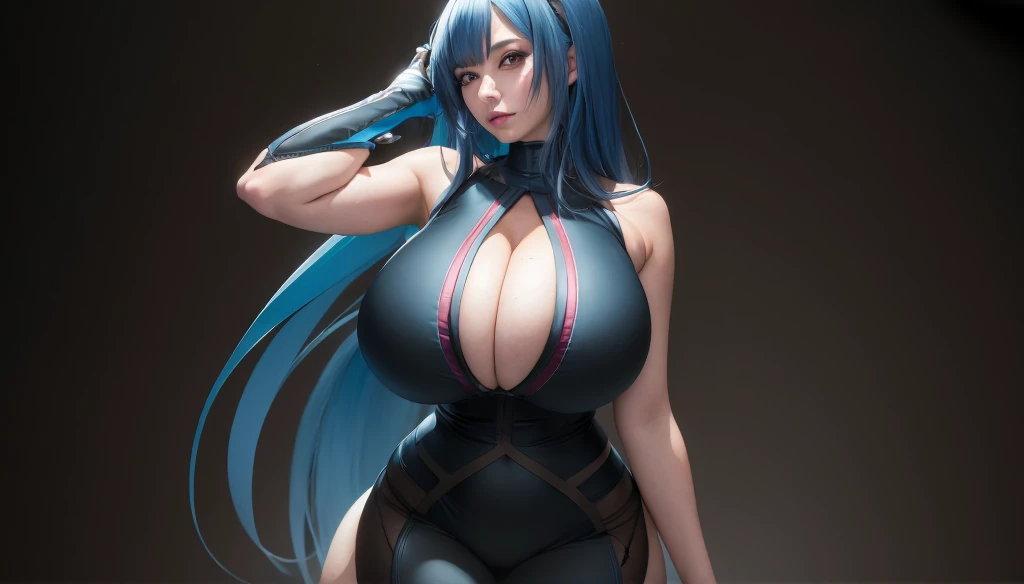 Chica anime con cabello azul y traje negro posando para una foto., Sona es un esbelto, seductora chica de anime, biomechanical OPPAI, OPPAI cyberpunk, pixiv 3dcg, OPPAI, Thicc, Anime Moe Artstyle, escamas azules cubriendo su pecho, OPPAI proportions, Anime cel shaded, [ Arte digital 4K ]!!