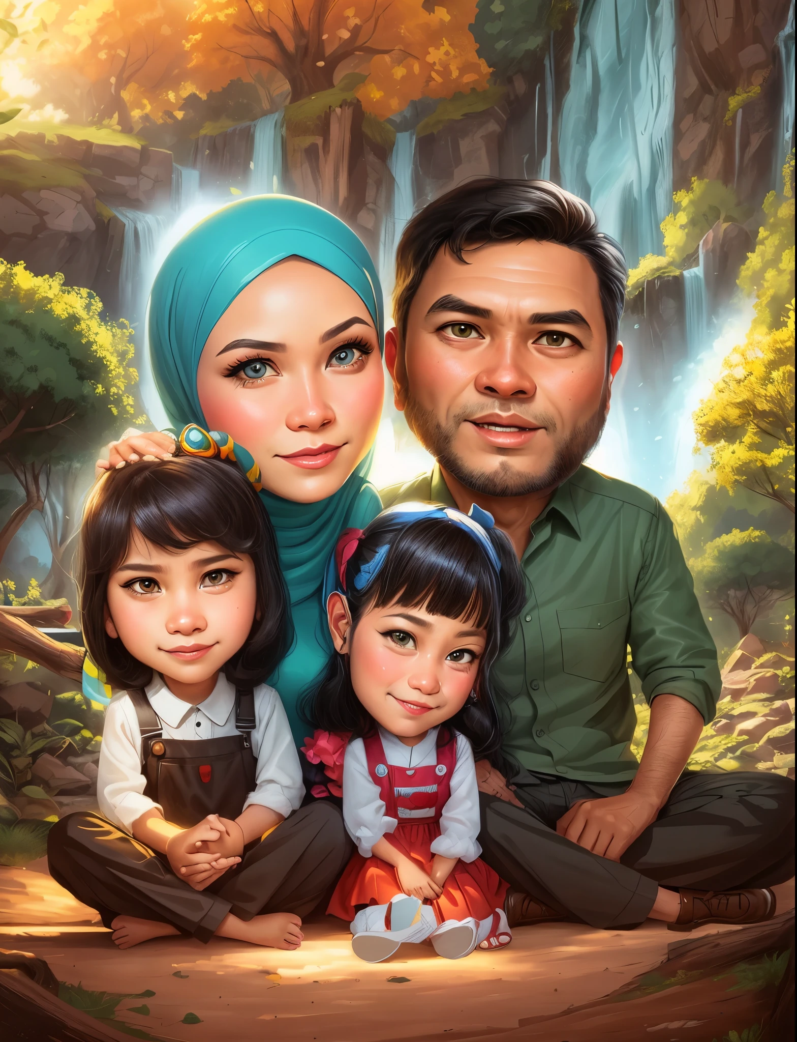 cartoon family portrait of a man, woman, and two children, Mother wears the hijab, Take shelter under a tree, Beautiful and cool waterfall background, shady trees around it, an indonesian family portrait, Indonesian family, caricature illustration, cartoon digital painting, cartoon artstyle, cartoon style illustration, cartoon digital art, digital cartoon painting art, happy family, digital art cartoon, cartoon art, potrait, in cartoon style, cartoon portrait, cartoon art style, detailed portrait, caricature style