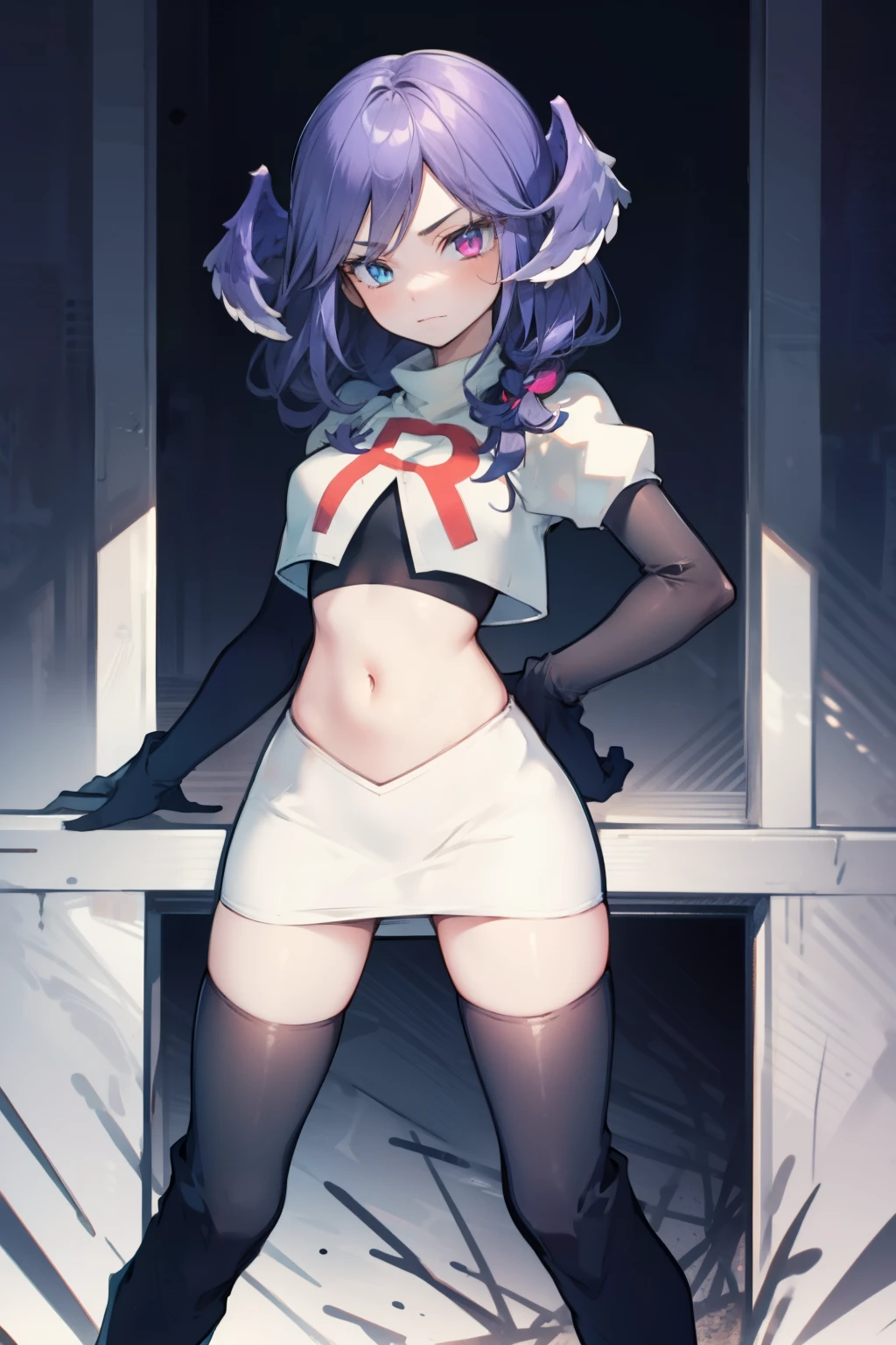 team rocket,team rocket uniform,white skirt,red letter R,crop top,black thigh-high boots,black elbow gloves, looking at viewer, cowboy shot, left red eye