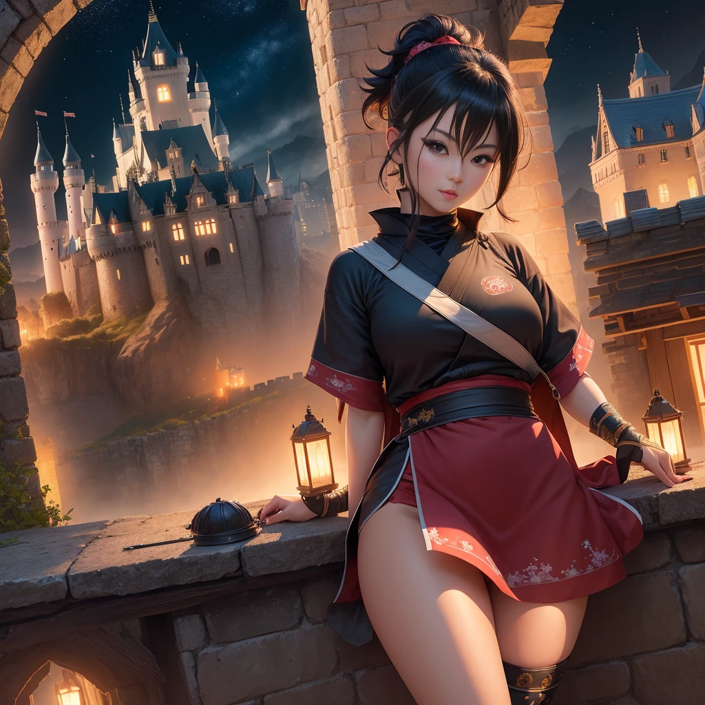 (((masterpiece, top quality))), (((top quality))), (((ultra-detailed))), (very delicate and beautiful)), Kunoichi girl, cinematic light, (((Night, a ninja being operating in the dark ))), Milky Way, (((castle in the background))), (((castle in the background)))