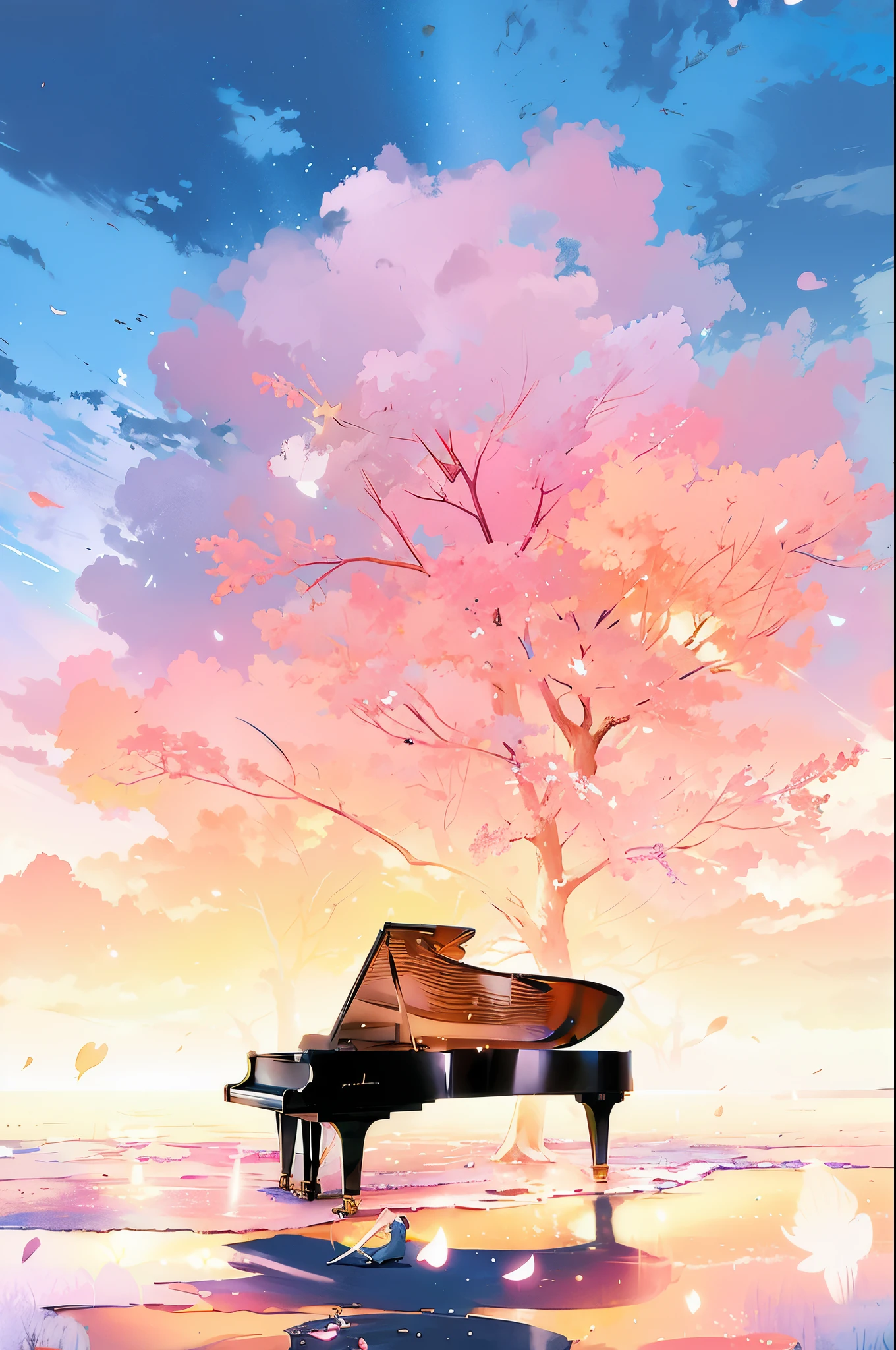 There is a piano on the beach,A tree in the background, makoto shinkai cyril rolando, Anime beautiful peaceful scene, author:By Yumi, A beautiful artistic illustration, Anime art wallpaper 8 K, Estilo de Makoto Shinkai, beautiful anime scenes, Beautiful Art Ultra HD 4K, Anime art wallpaper 4k, Anime art wallpaper 4k