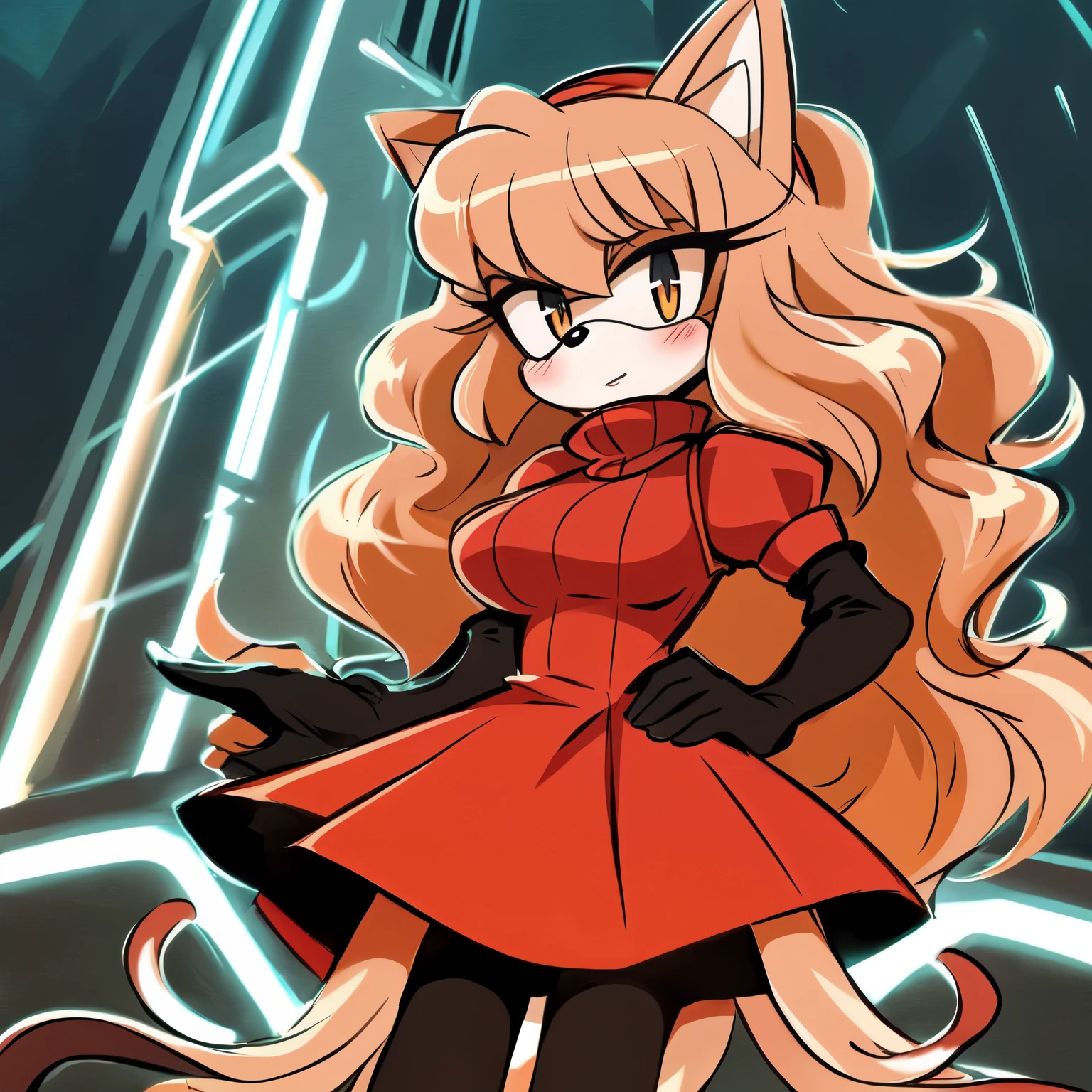 ((2D Anime Style)), female, mobian, hedgehog, witch like princess dress, v arms, white gloves, long hair, 1girl, solo, elbow gloves, gloves, blush, puffy short sleeves, turtleneck dress, puffy sleeves, large breasts, one hand on hip, (((2D Anime Style))), (solo), (1girl), high quality digital art, red and black neon lines sketch art, (((long and wavy hair))), (large and long hair bangs), wispy lines