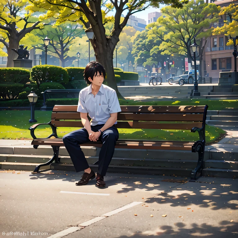 Odori Park in the morning、The morning sun is shining、man sitting alone on a park bench、If it's a pigeon3Has wings、Faraway view