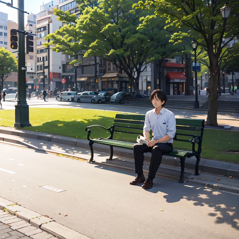 Odori Park in the morning、The morning sun is shining、man sitting alone on a park bench、If it&#39;s a pigeon３Has wings、Faraway view