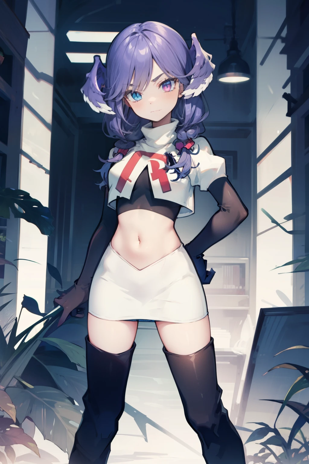 team rocket,team rocket uniform,white skirt,red letter R,crop top,black thigh-high boots,black elbow gloves, looking at viewer, cowboy shot, left red eye