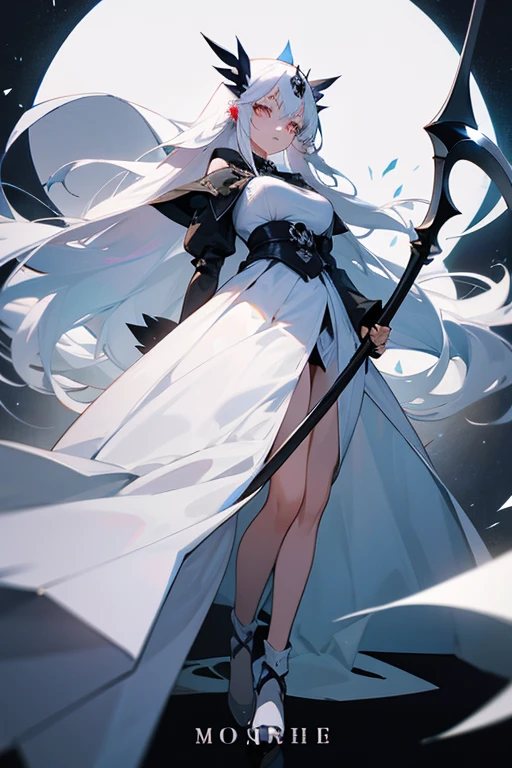 1girl, 18 years old, long white hair, white eyes, white short long dress, princess death, skull hair clip, serious, holding a scythe, boobs, hour glass body.