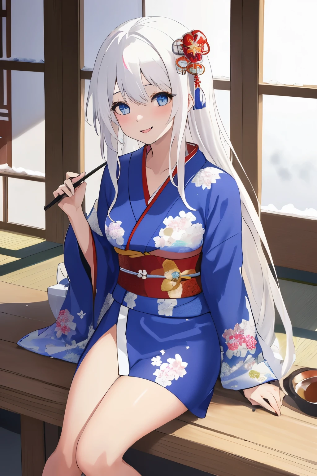 Chica anime, ((Masterpiece), top-quality, Top image quality, ((((solo)))), ((((white hair)))), long hair, Beautiful blue eyes, Shining eyes, dye one's cheeks red, smile, teens girl, 18yo, cute, {{{{floral printed kimono}}}}, wearing fusion kimono and yukata, side slit, surrounded by items representing the Japanese New Year, snow, 8k