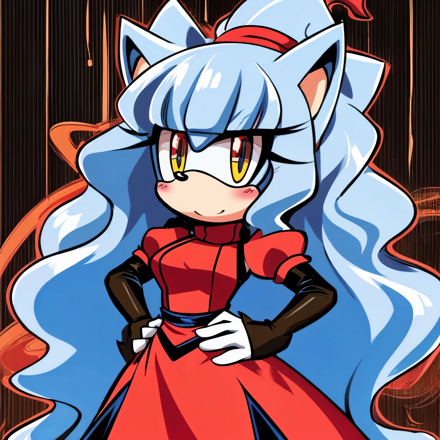 ((2D Anime Style)), female, mobian, hedgehog, witch like princess dress, v arms, white gloves, long hair, 1girl, solo, elbow gloves, gloves, blush, puffy short sleeves, turtleneck dress, puffy sleeves, large breasts, one hand on hip, (((2D Anime Style))), (solo), (1girl), high quality digital art, red and black neon lines sketch art, (((long and wavy hair))), (large and long hair bangs), wispy lines