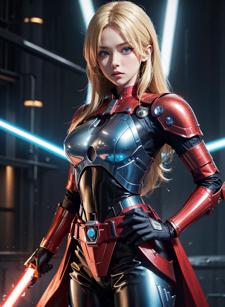 Beautiful woman holding lightsaber. blonde hair and blue eyes. She wears a beautiful metallic red battle suit. There's something on my waist that reminds me of Kamen Rider's transformation belt. She's in a spaceship. serious expressions. 8K quality.