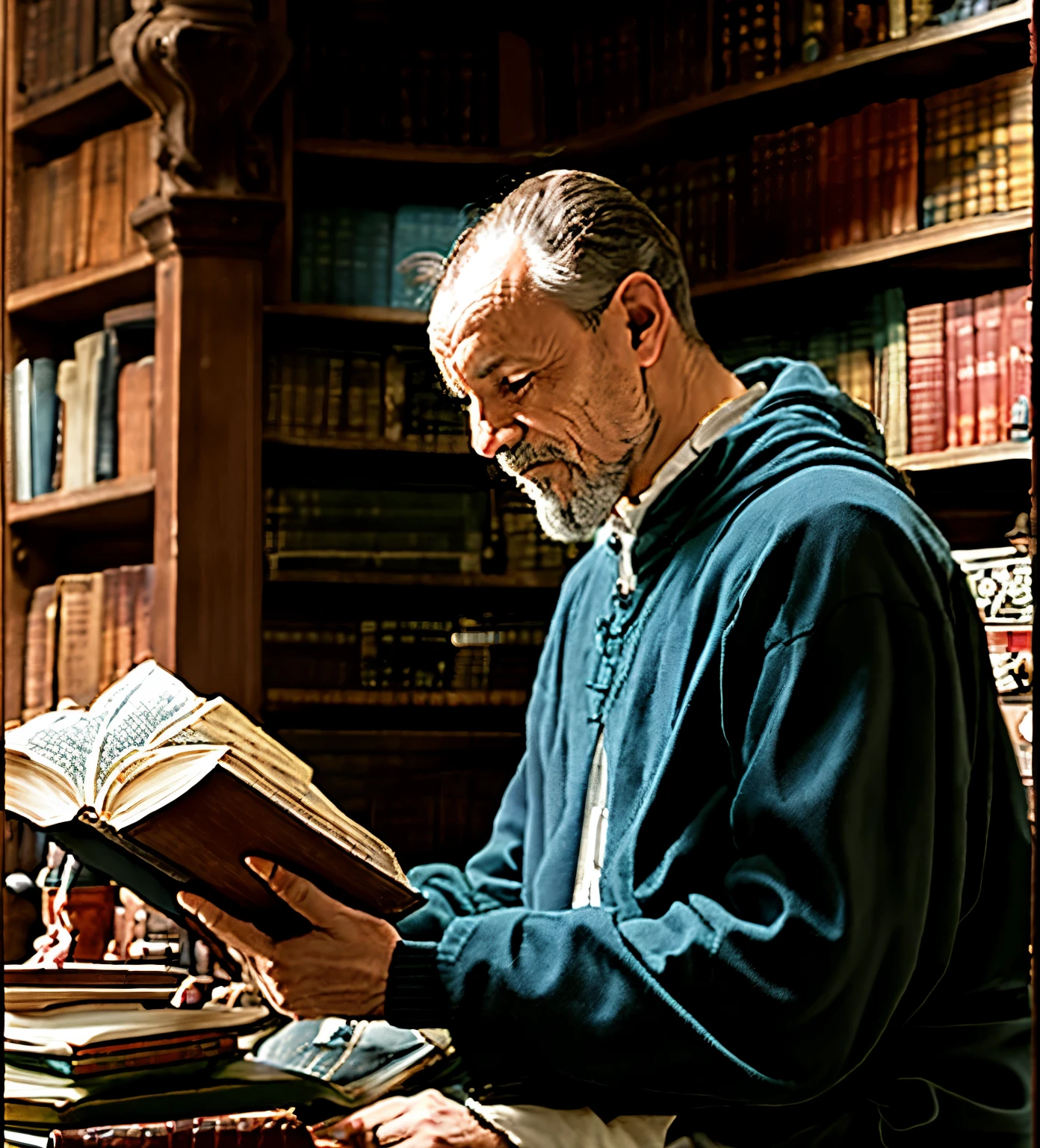 homem arafiado lendo um livro em uma biblioteca com muitos livros, portrait of monge, picture of a male cleric, estudioso renascentista vestido, ukrainian monge, the librarian, monge clothes, gothic epic library, monge, vestindo vestes marrons, retrato do livro, 2 1 st century monge, inspirado em Matthias Stom, monge meditate, Tuomas Korpi e Wlop