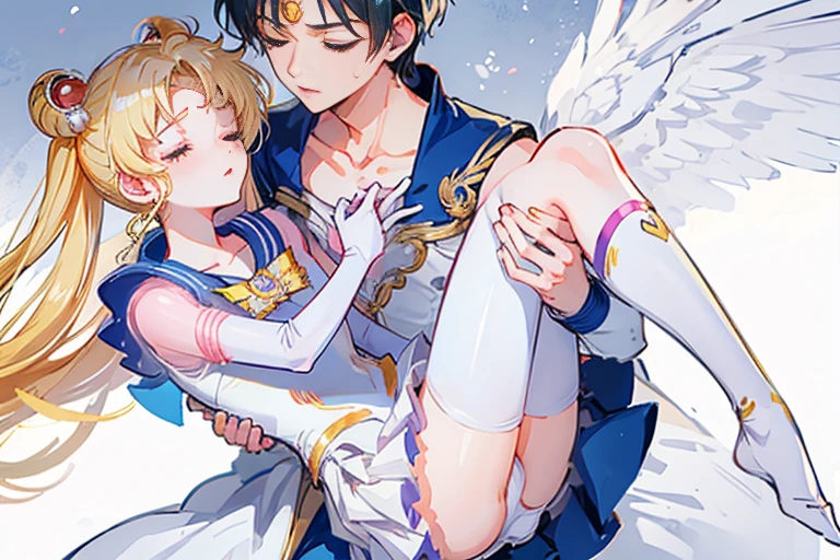 1boy,1girl,princess carry, eternal sailor moon, closed eyes, parted lips, pain, white panties