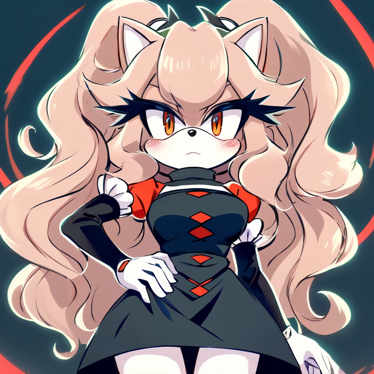 ((2D Anime Style)), female, mobian, hedgehog, witch like princess dress, v arms, white gloves, long hair, 1girl, solo, elbow gloves, gloves, blush, puffy short sleeves, turtleneck dress, puffy sleeves, large breasts, one hand on hip, (((2D Anime Style))), (solo), (1girl), high quality digital art, red and black neon lines sketch art, (((long and wavy hair))), (large and long hair bangs), wispy lines